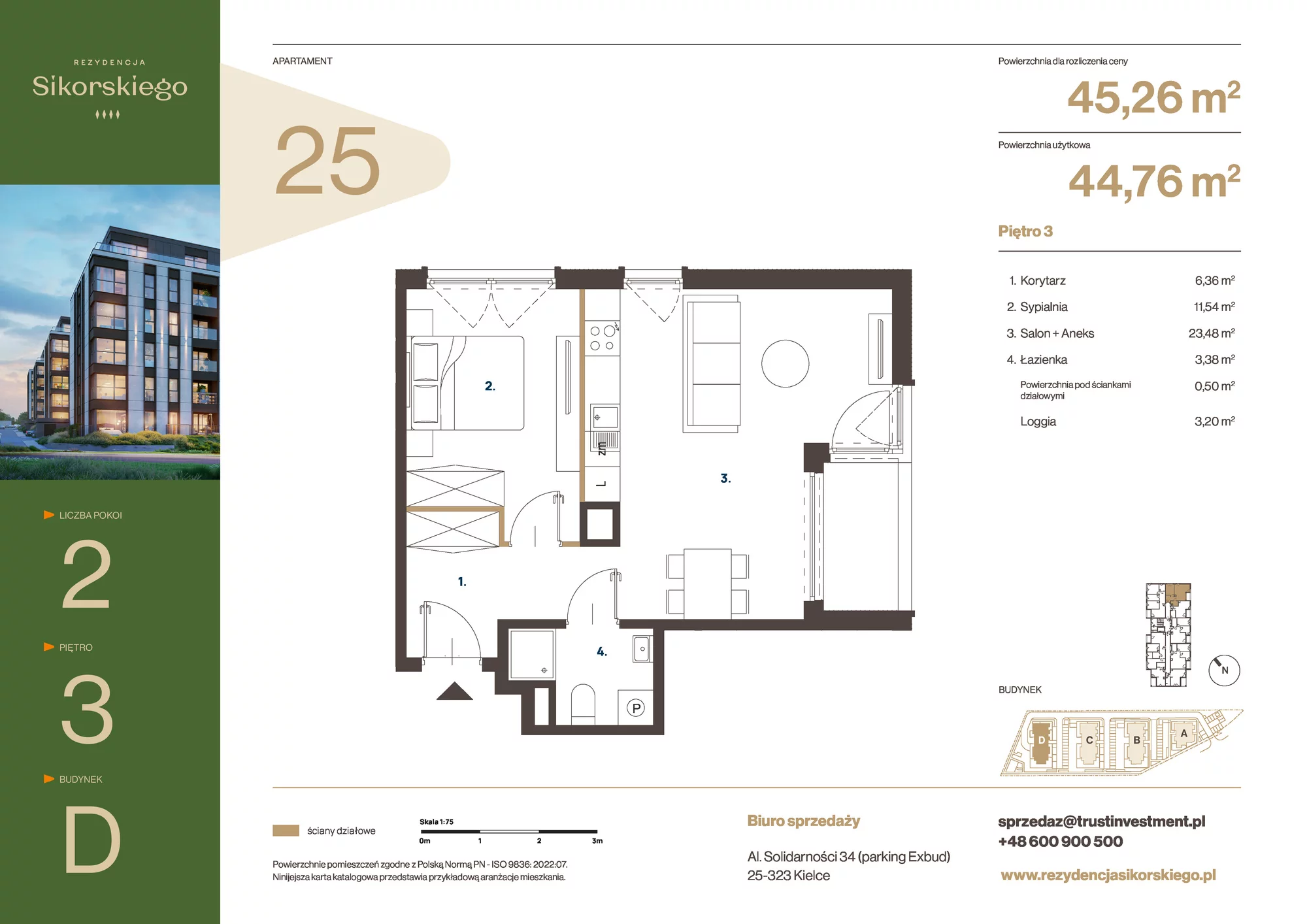 Mieszkanie 45,26 m², piętro 3, oferta nr D25, Rezydencja Sikorskiego, Kielce, Na Stoku, ul. Sikorskiego