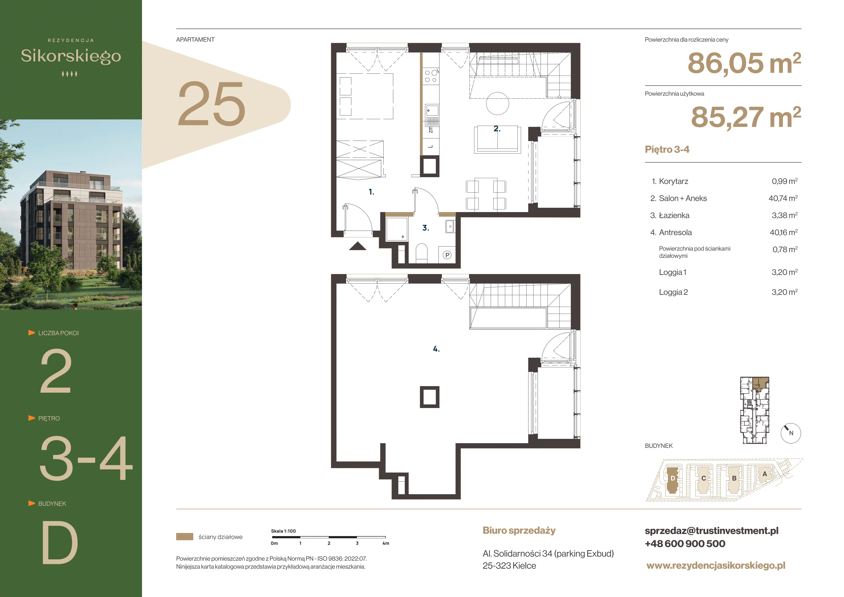2 pokoje, mieszkanie 86,05 m², piętro 3, oferta nr D25, Rezydencja Sikorskiego, Kielce, Na Stoku, ul. Sikorskiego