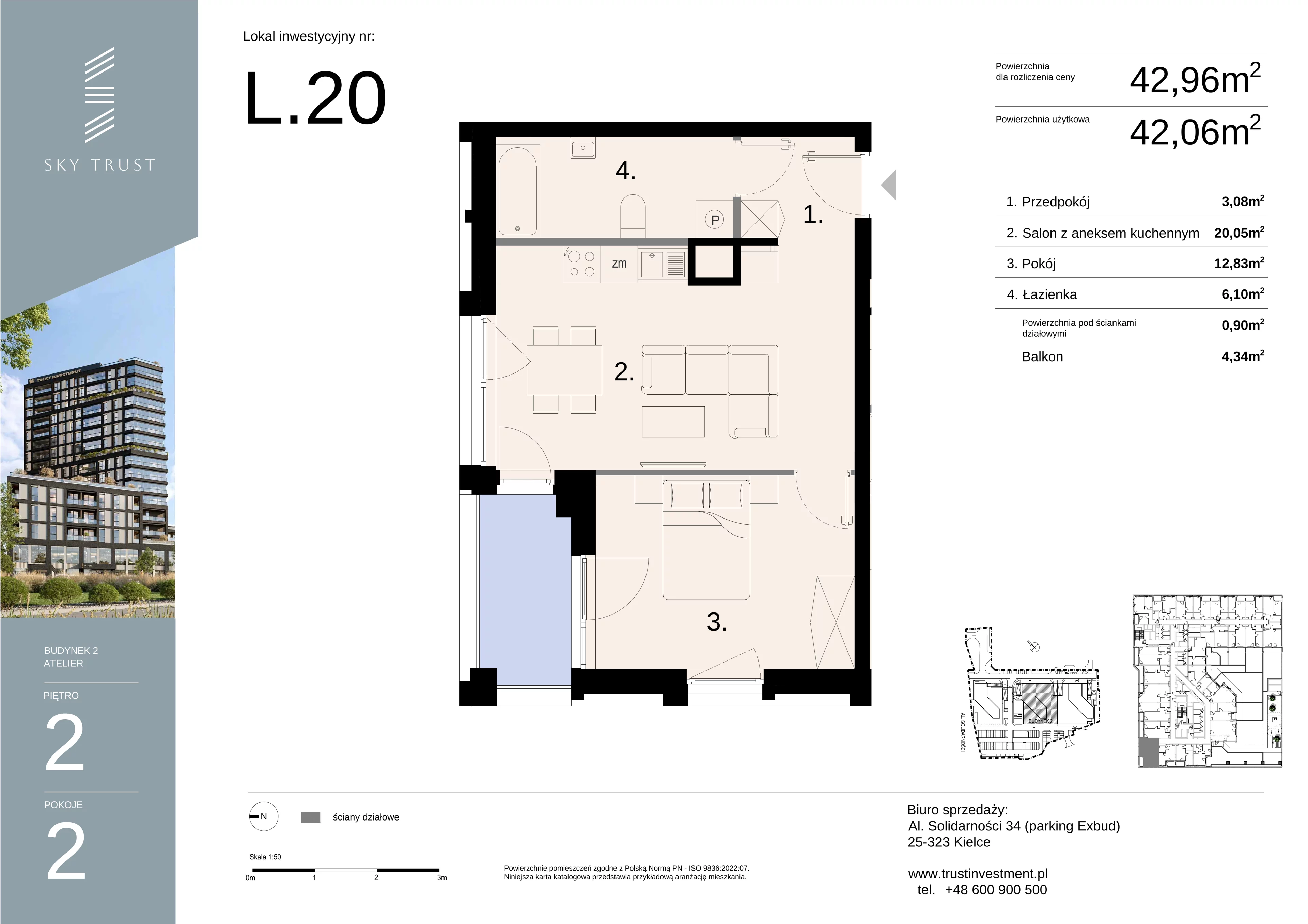 2 pokoje, lokal inwestycyjny 42,96 m², piętro 2, oferta nr L20, Sky Trust II - lokale inwestycyjne, Kielce, Bocianek, al. Solidarności / ul. Świętokrzyska