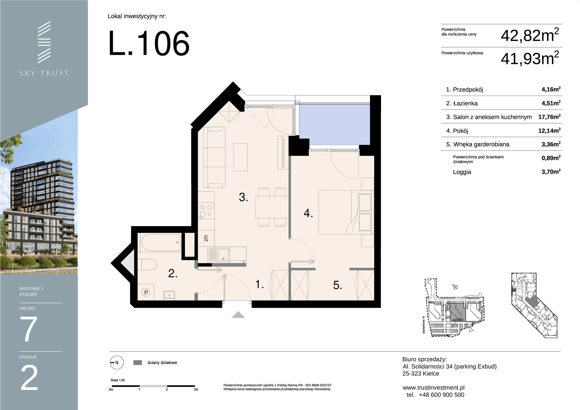 Lokal inwestycyjny 42,82 m², piętro 7, oferta nr L106, Sky Trust II - lokale inwestycyjne, Kielce, Bocianek, al. Solidarności / ul. Świętokrzyska