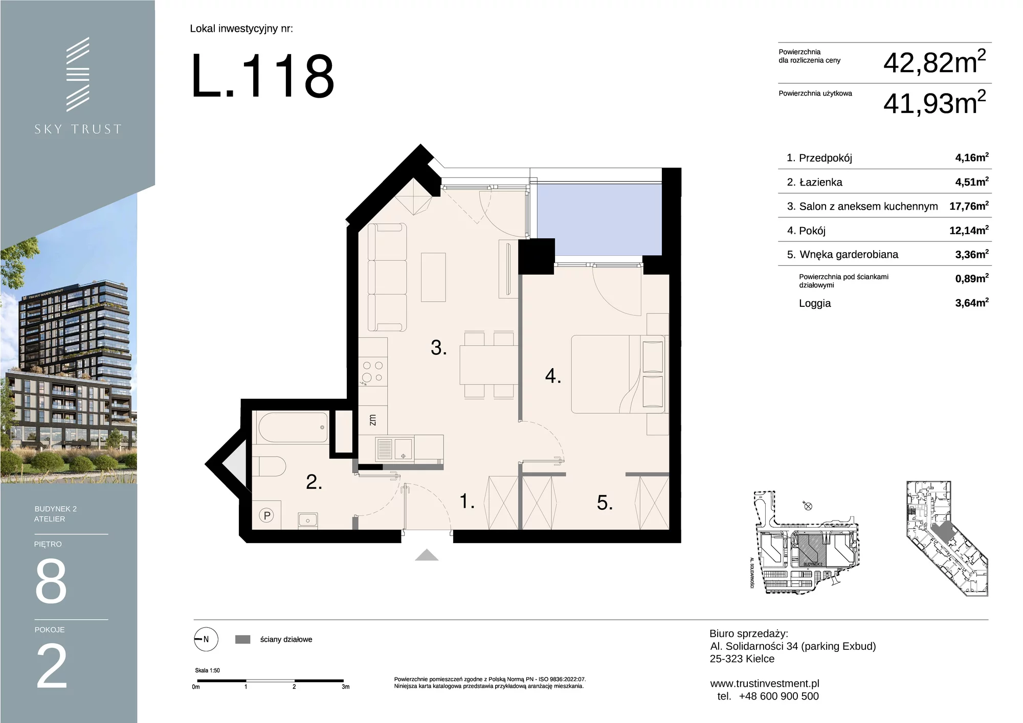 Lokal inwestycyjny 42,82 m², piętro 8, oferta nr L118, Sky Trust II - lokale inwestycyjne, Kielce, Bocianek, al. Solidarności / ul. Świętokrzyska