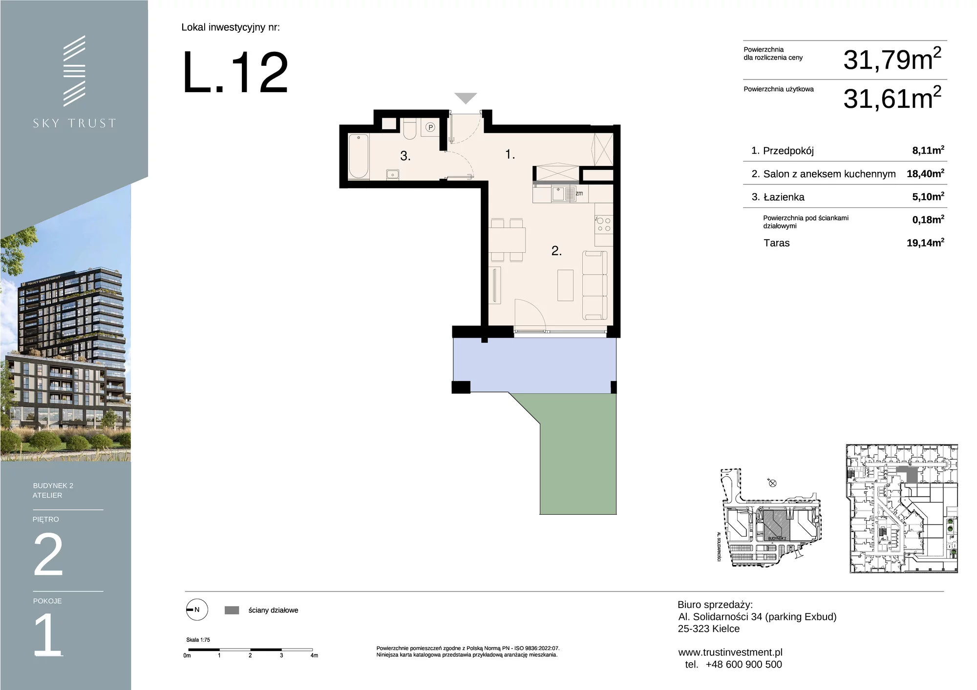 Lokal inwestycyjny 31,79 m², piętro 2, oferta nr L12, Sky Trust II - lokale inwestycyjne, Kielce, Bocianek, al. Solidarności / ul. Świętokrzyska