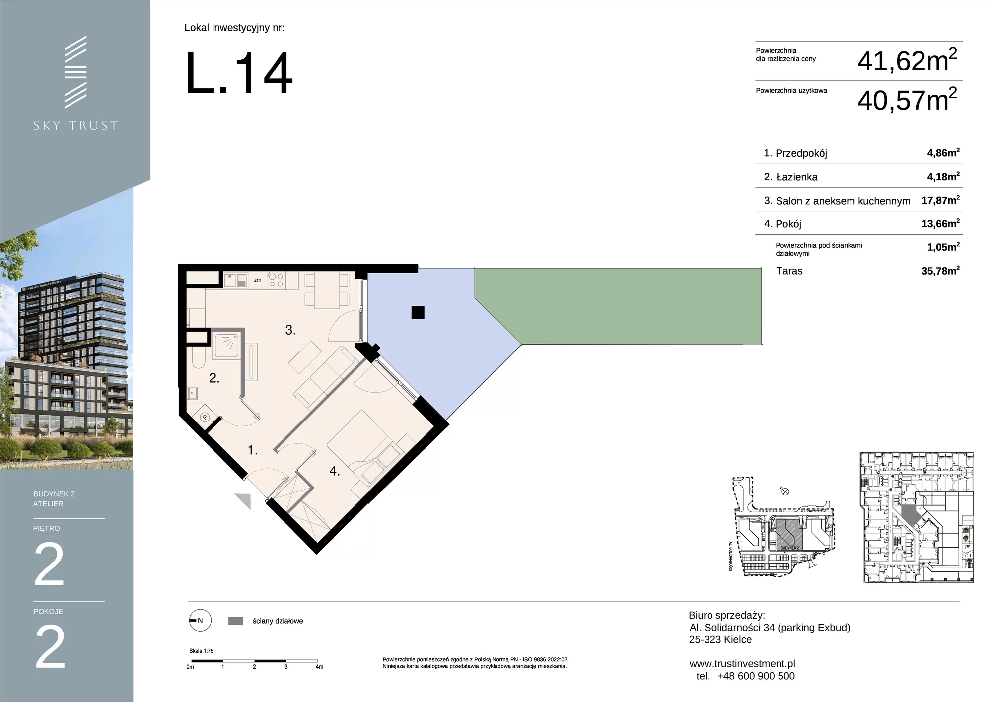 Lokal inwestycyjny 41,62 m², piętro 2, oferta nr L14, Sky Trust II - lokale inwestycyjne, Kielce, Bocianek, al. Solidarności / ul. Świętokrzyska