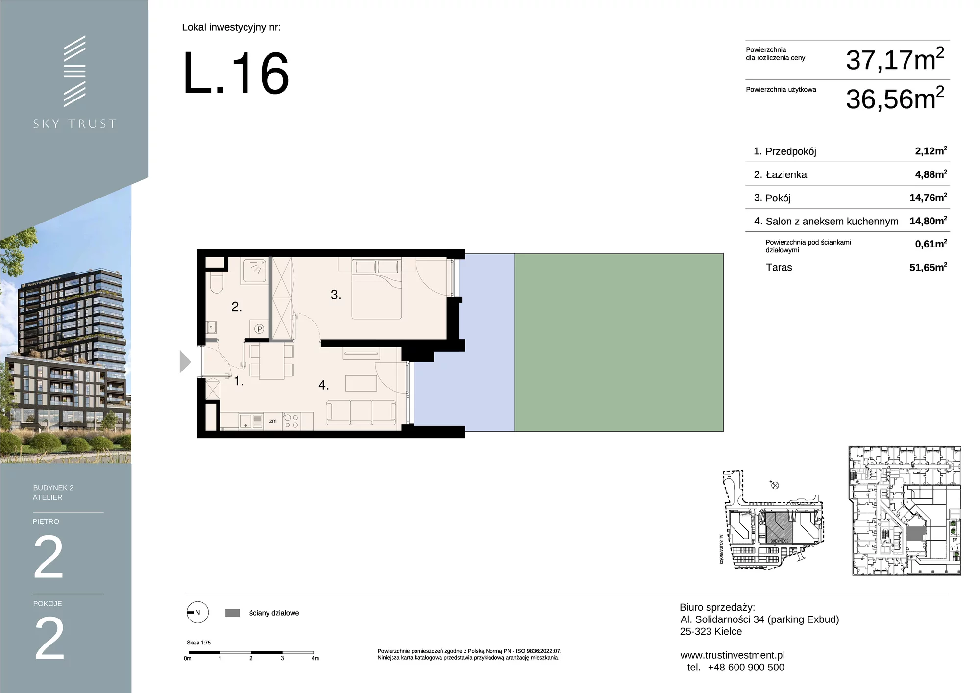 Lokal inwestycyjny 37,17 m², piętro 2, oferta nr L16, Sky Trust II - lokale inwestycyjne, Kielce, Bocianek, al. Solidarności / ul. Świętokrzyska