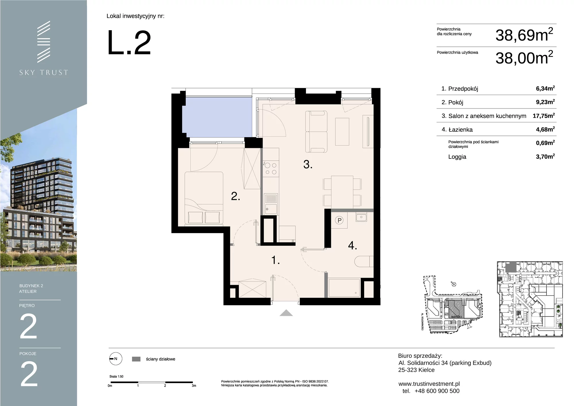 Lokal inwestycyjny 38,69 m², piętro 2, oferta nr L2, Sky Trust II - lokale inwestycyjne, Kielce, Bocianek, al. Solidarności / ul. Świętokrzyska