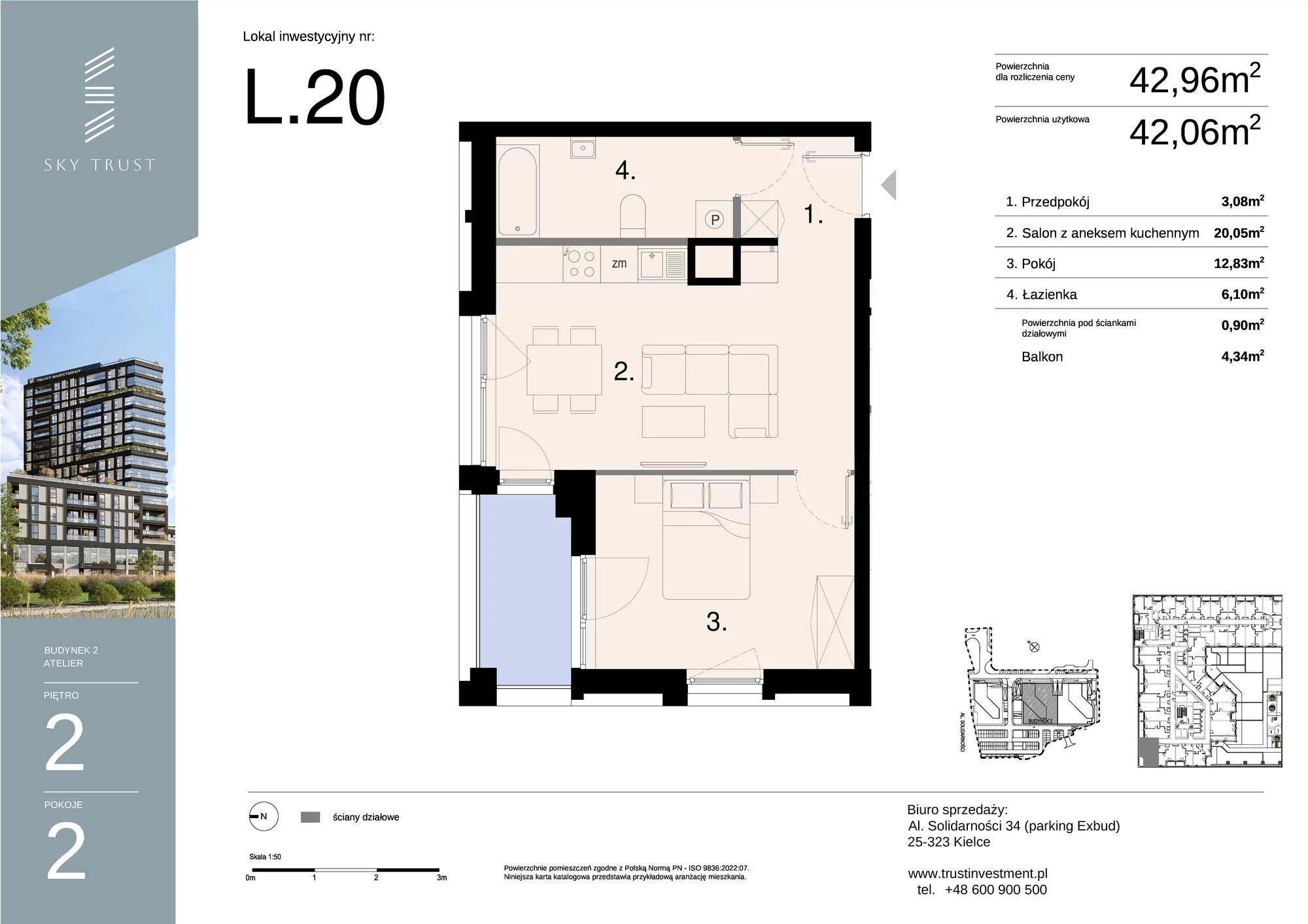 Lokal inwestycyjny 42,96 m², piętro 2, oferta nr L20, Sky Trust II - lokale inwestycyjne, Kielce, Bocianek, al. Solidarności / ul. Świętokrzyska