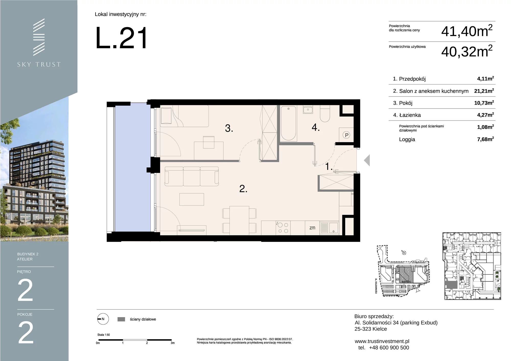 Lokal inwestycyjny 41,40 m², piętro 2, oferta nr L21, Sky Trust II - lokale inwestycyjne, Kielce, Bocianek, al. Solidarności / ul. Świętokrzyska