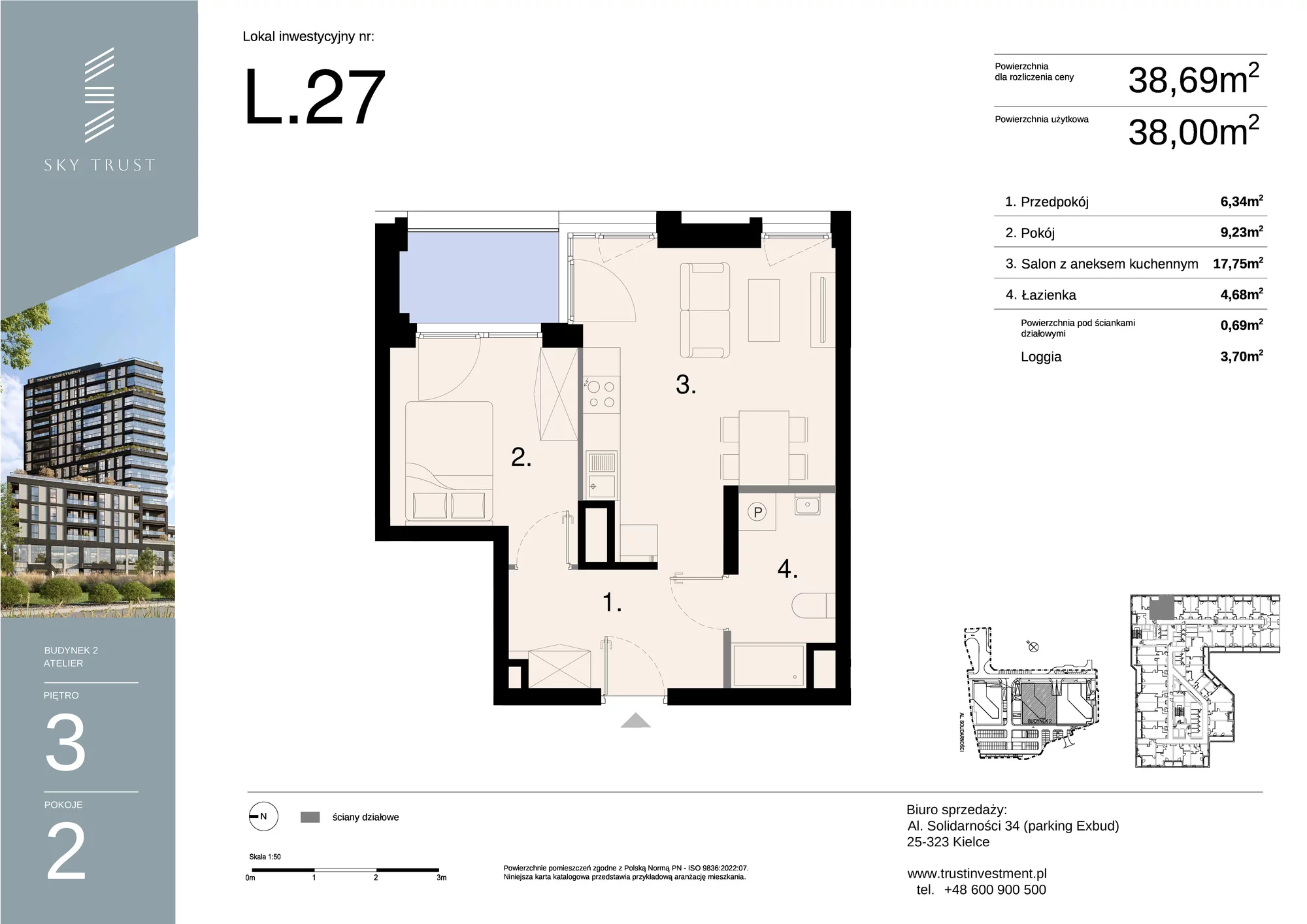 Lokal inwestycyjny 38,69 m², piętro 3, oferta nr L27, Sky Trust II - lokale inwestycyjne, Kielce, Bocianek, al. Solidarności / ul. Świętokrzyska