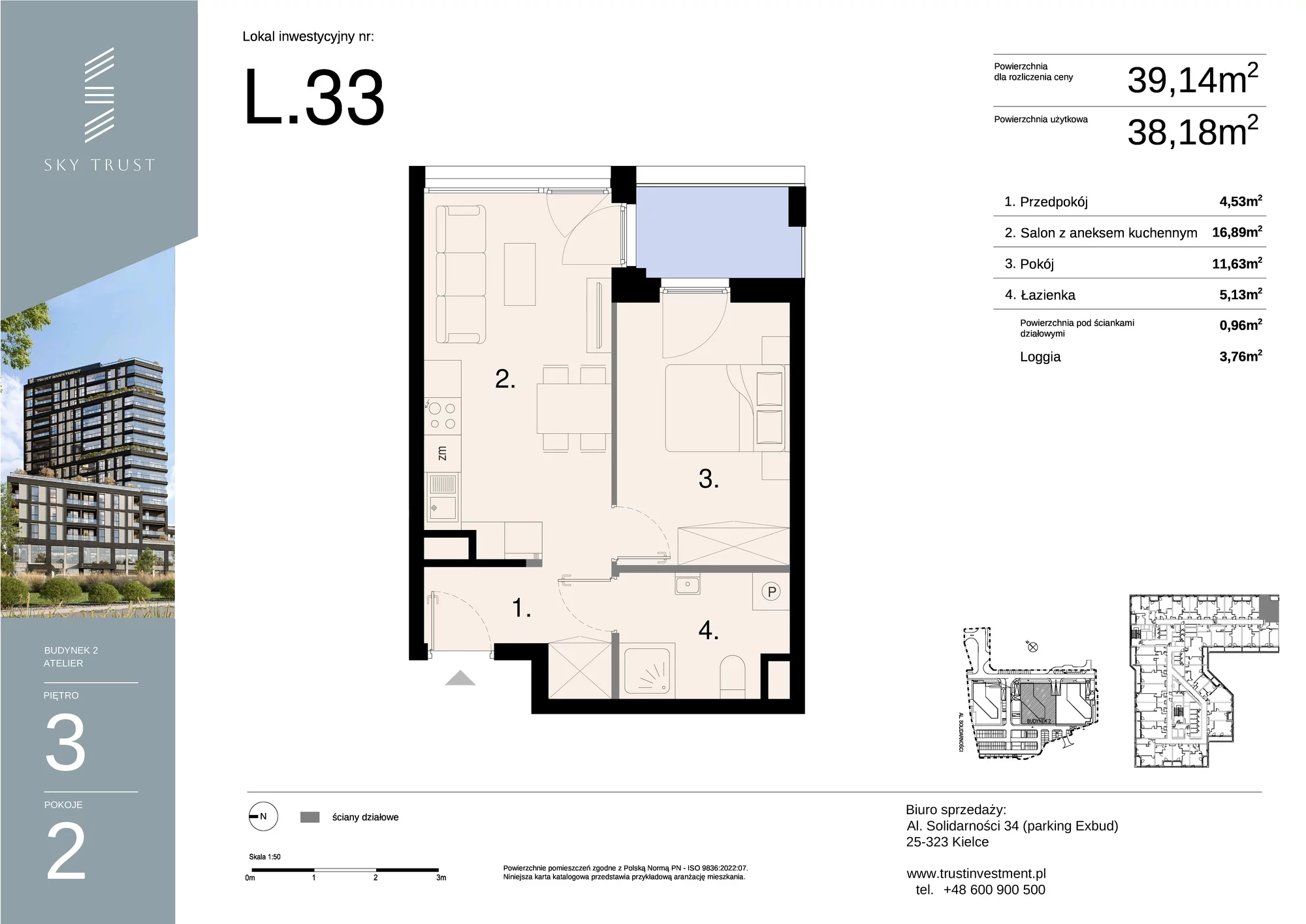 Lokal inwestycyjny 39,14 m², piętro 3, oferta nr L33, Sky Trust II - lokale inwestycyjne, Kielce, Bocianek, al. Solidarności / ul. Świętokrzyska