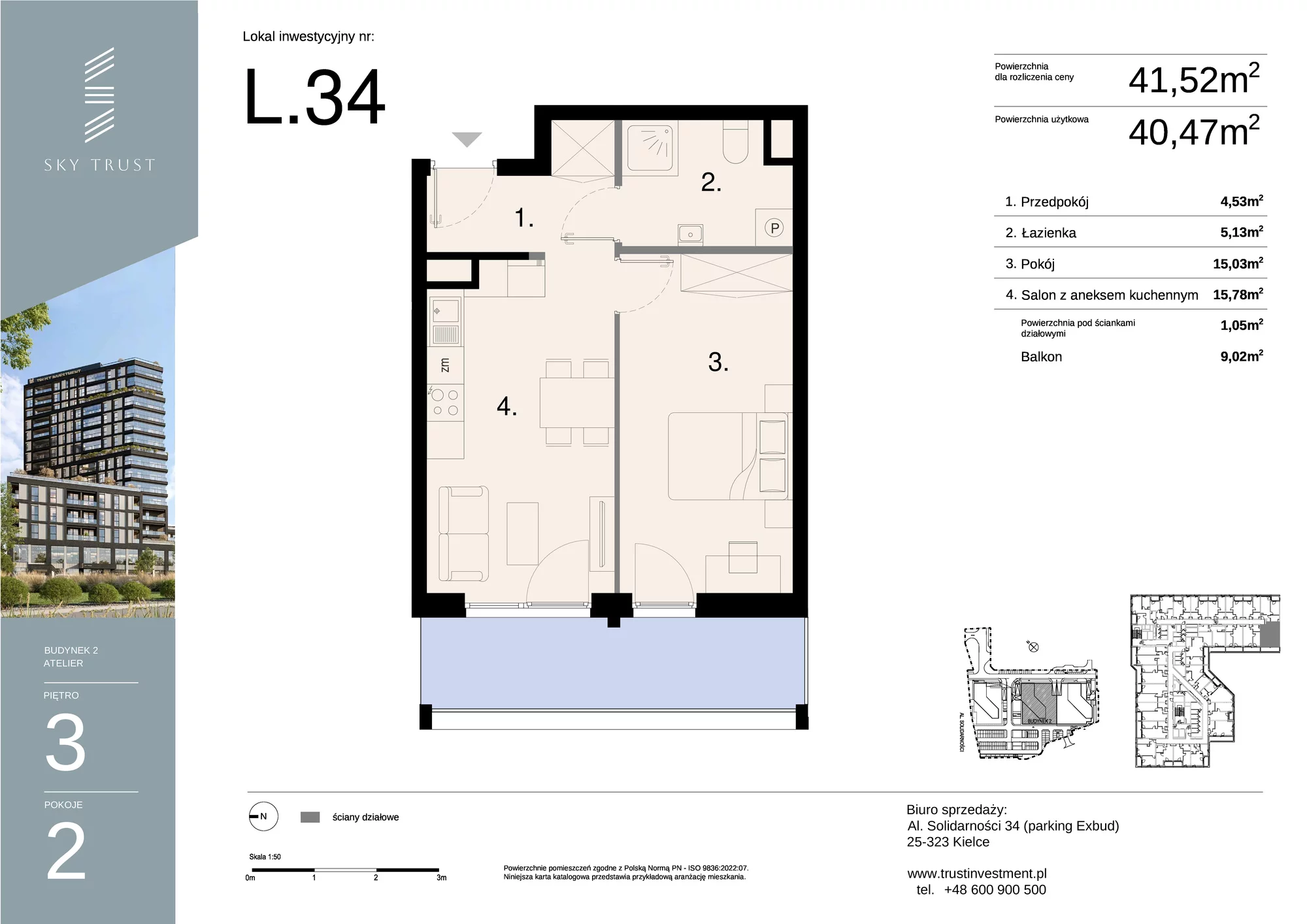 Lokal inwestycyjny 41,52 m², piętro 3, oferta nr L34, Sky Trust II - lokale inwestycyjne, Kielce, Bocianek, al. Solidarności / ul. Świętokrzyska