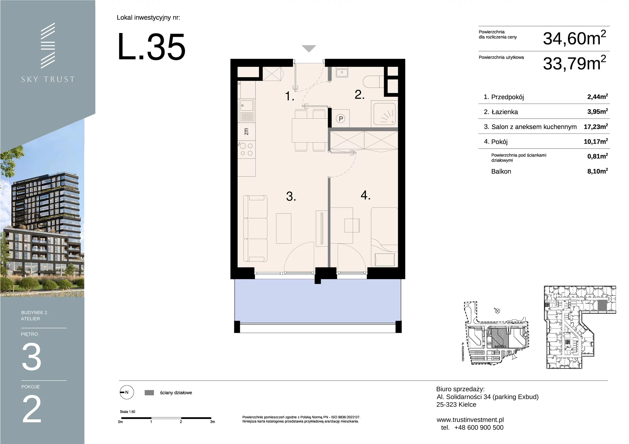 Lokal inwestycyjny 34,60 m², piętro 3, oferta nr L35, Sky Trust II - lokale inwestycyjne, Kielce, Bocianek, al. Solidarności / ul. Świętokrzyska