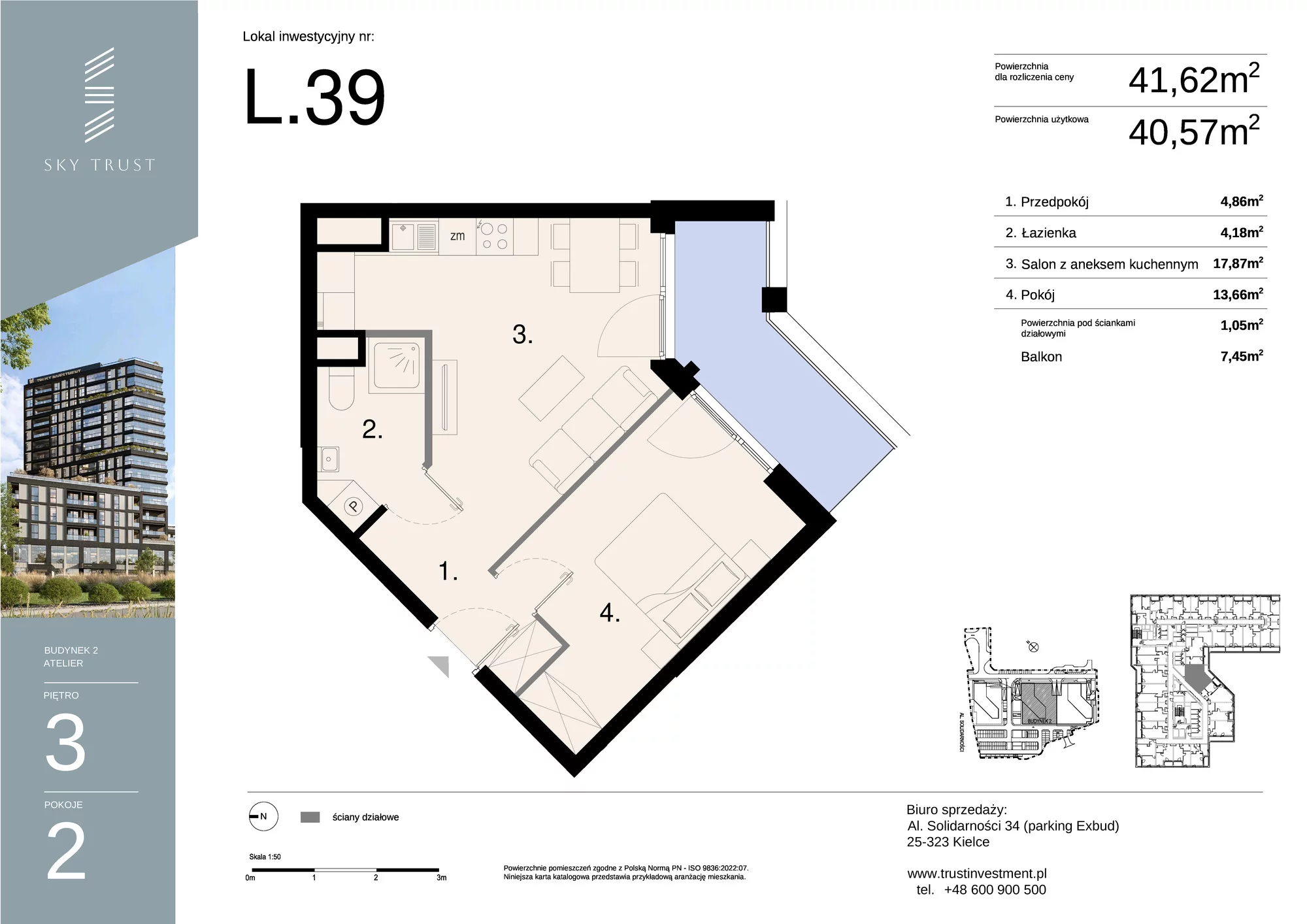 Lokal inwestycyjny 41,62 m², piętro 3, oferta nr L39, Sky Trust II - lokale inwestycyjne, Kielce, Bocianek, al. Solidarności / ul. Świętokrzyska