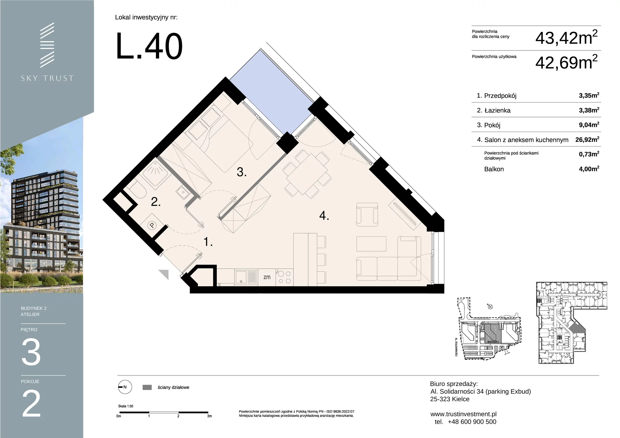 Lokal inwestycyjny 43,42 m², piętro 3, oferta nr L40, Sky Trust II - lokale inwestycyjne, Kielce, Bocianek, al. Solidarności / ul. Świętokrzyska