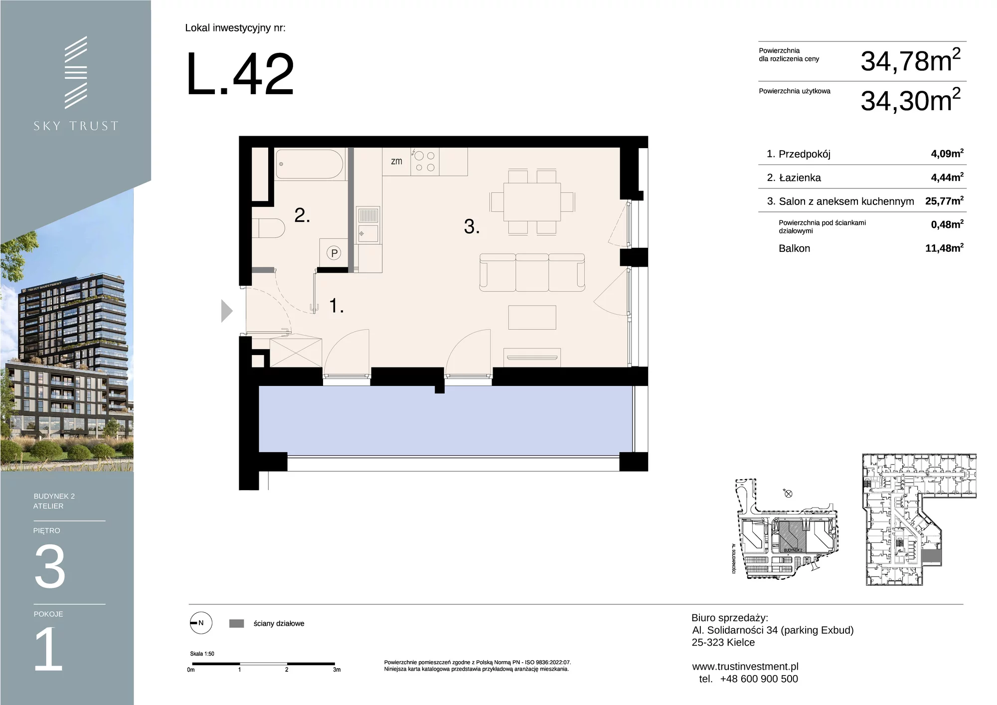 Lokal inwestycyjny 34,78 m², piętro 3, oferta nr L42, Sky Trust II - lokale inwestycyjne, Kielce, Bocianek, al. Solidarności / ul. Świętokrzyska