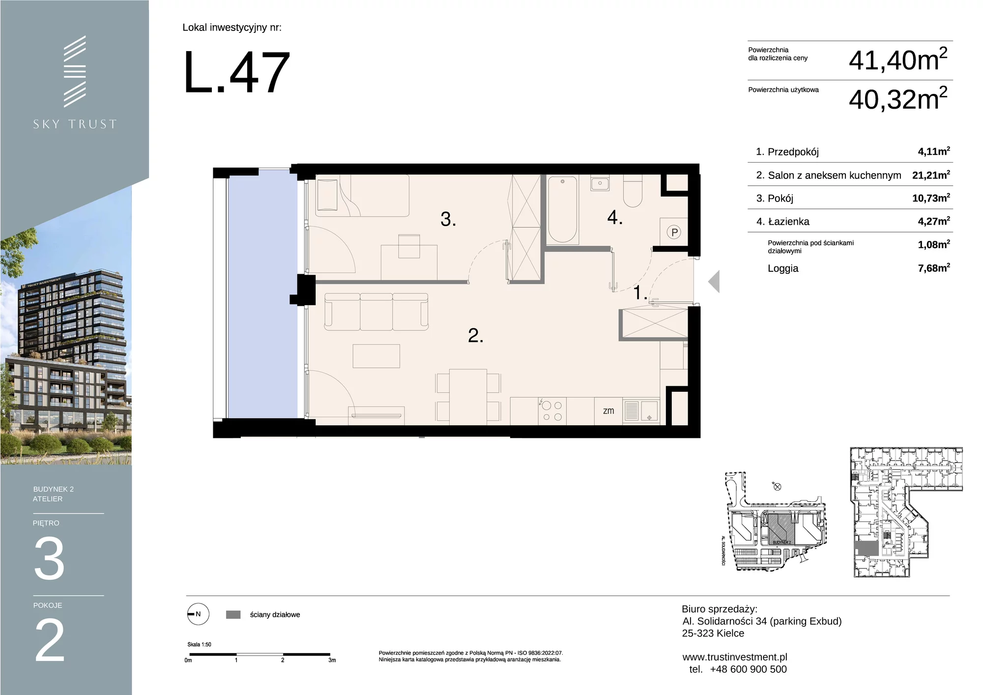 Lokal inwestycyjny 41,40 m², piętro 3, oferta nr L47, Sky Trust II - lokale inwestycyjne, Kielce, Bocianek, al. Solidarności / ul. Świętokrzyska