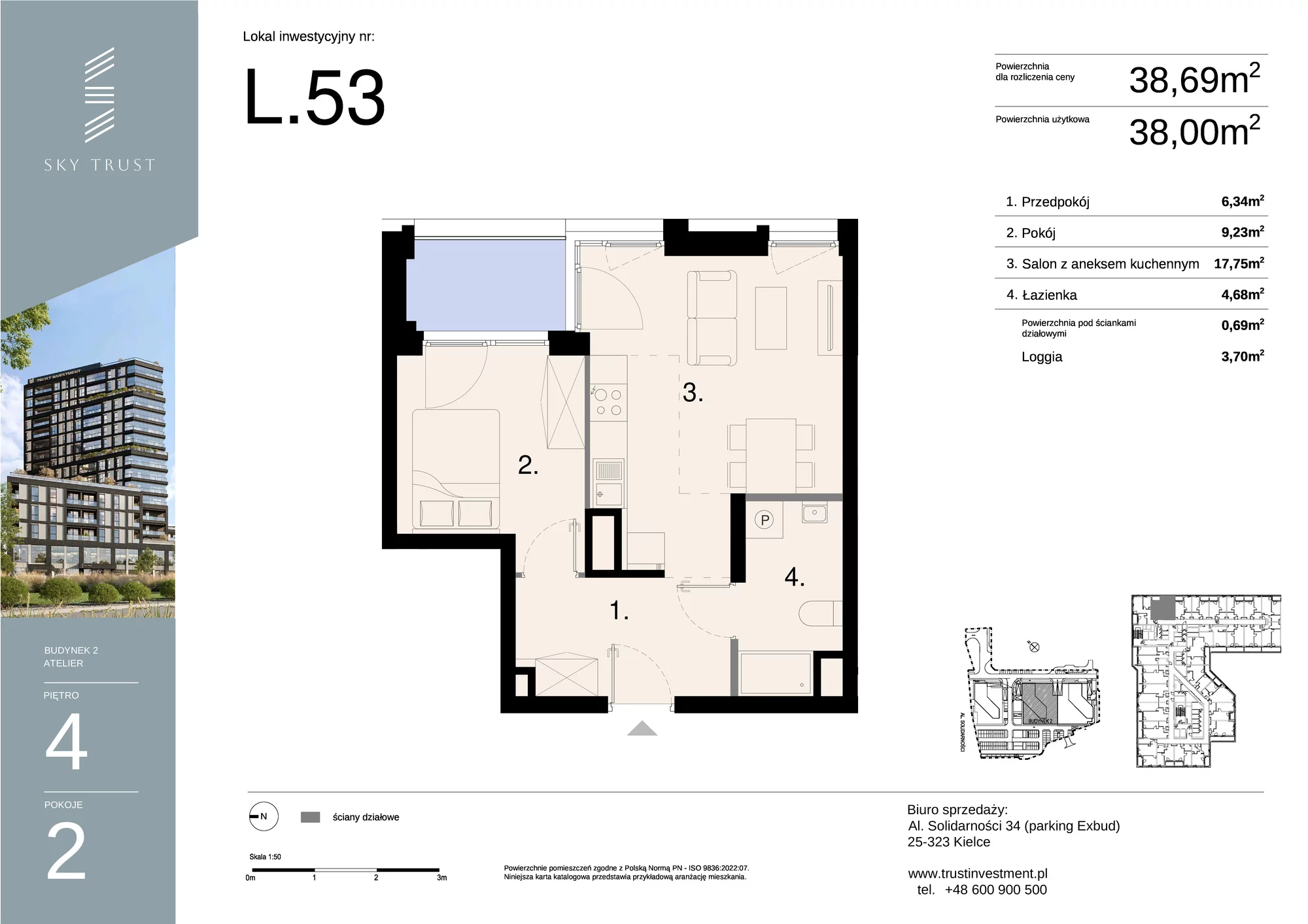 Lokal inwestycyjny 38,69 m², piętro 4, oferta nr L53, Sky Trust II - lokale inwestycyjne, Kielce, Bocianek, al. Solidarności / ul. Świętokrzyska