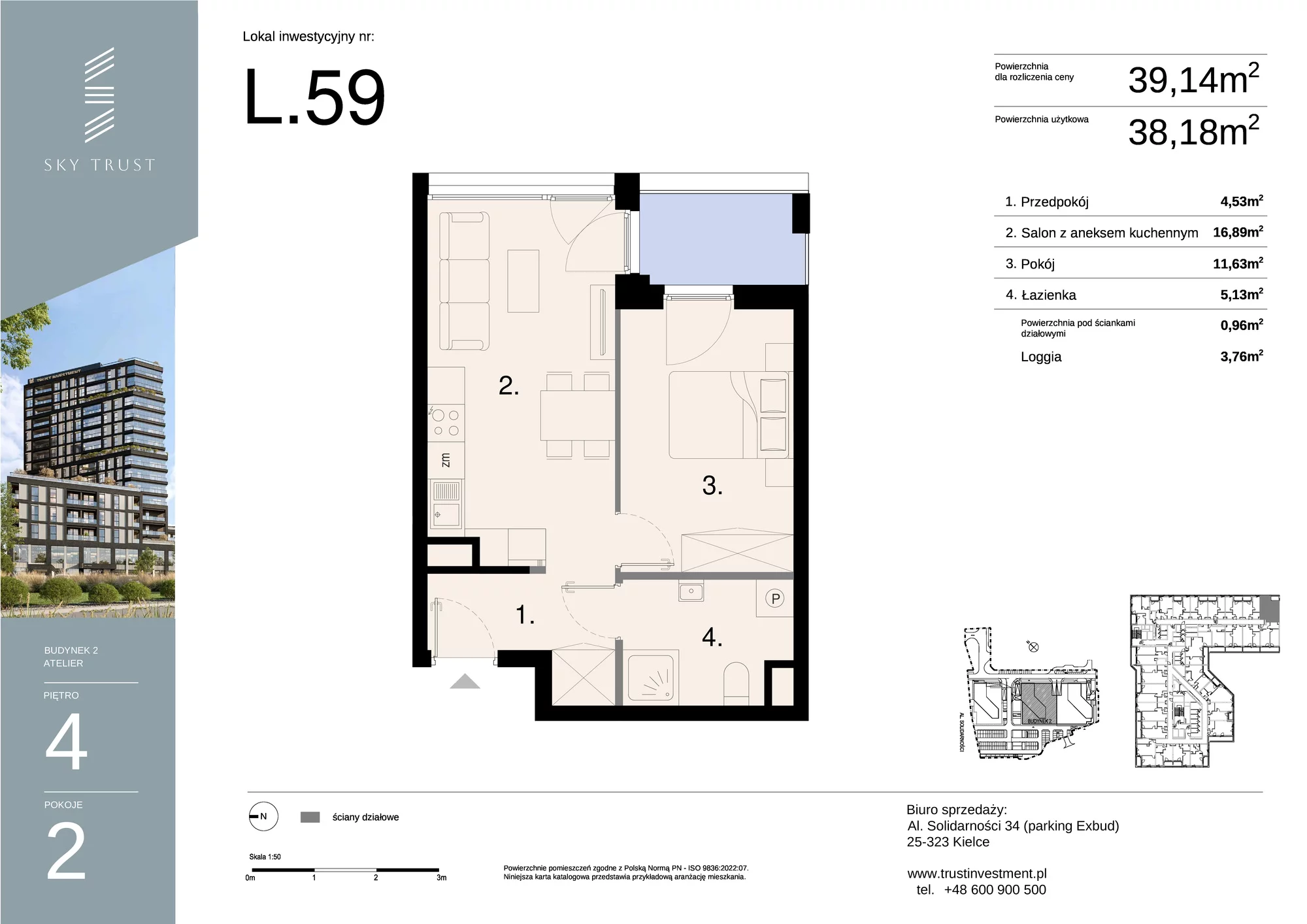 Lokal inwestycyjny 39,14 m², piętro 4, oferta nr L59, Sky Trust II - lokale inwestycyjne, Kielce, Bocianek, al. Solidarności / ul. Świętokrzyska