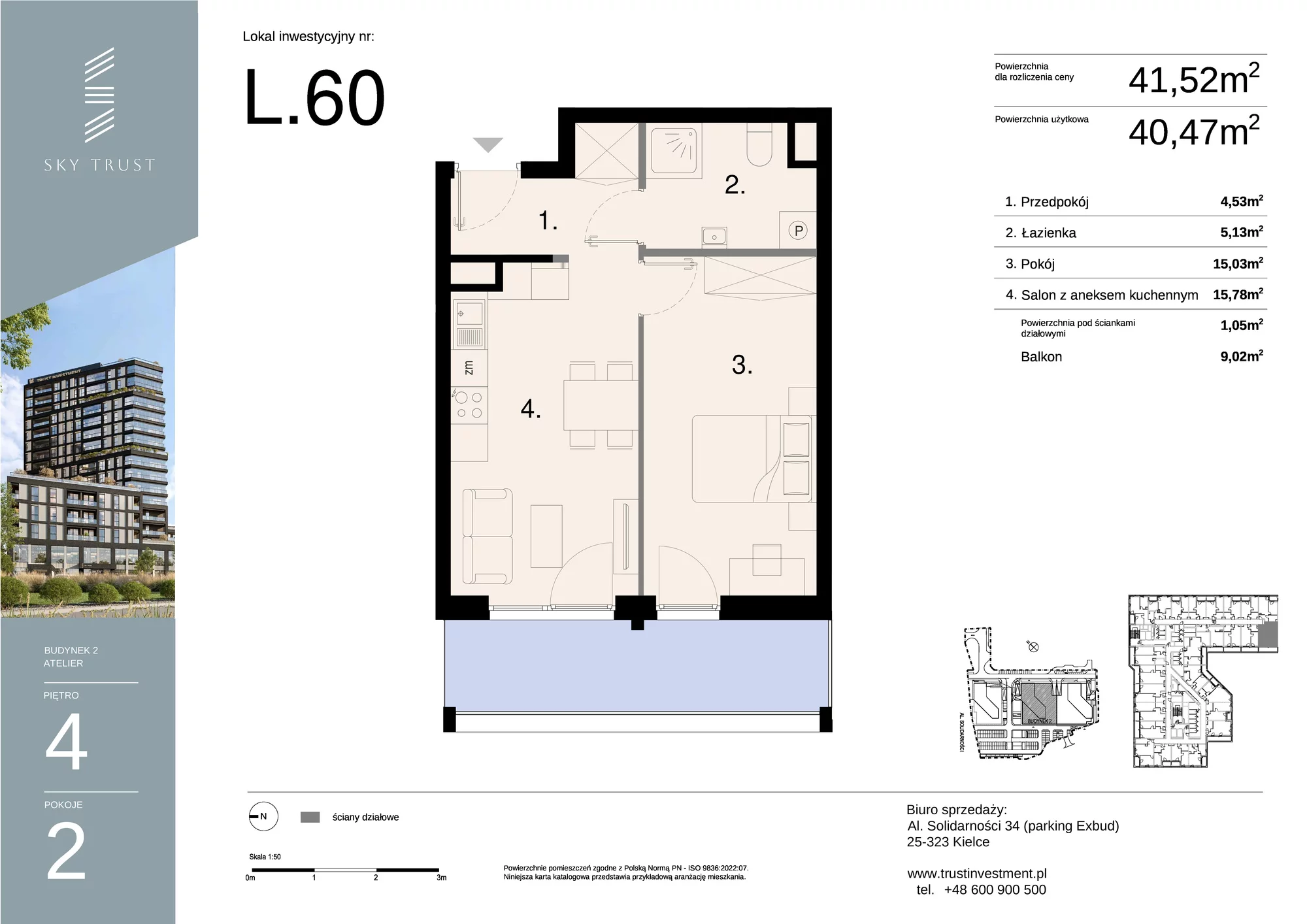 Lokal inwestycyjny 41,52 m², piętro 4, oferta nr L60, Sky Trust II - lokale inwestycyjne, Kielce, Bocianek, al. Solidarności / ul. Świętokrzyska