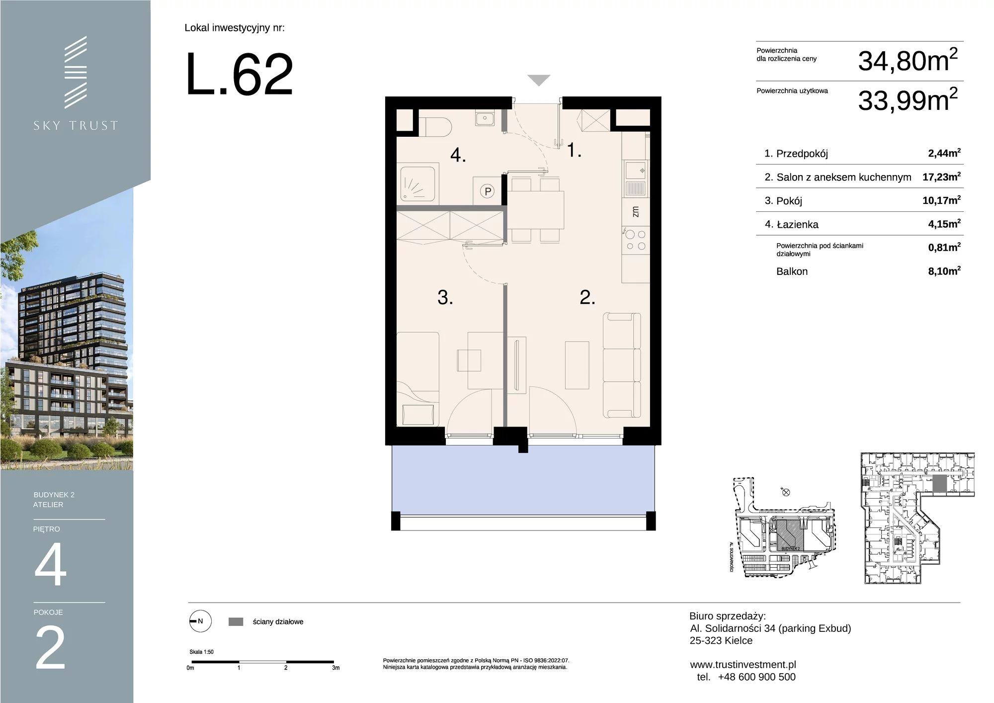 Lokal inwestycyjny 34,80 m², piętro 4, oferta nr L62, Sky Trust II - lokale inwestycyjne, Kielce, Bocianek, al. Solidarności / ul. Świętokrzyska