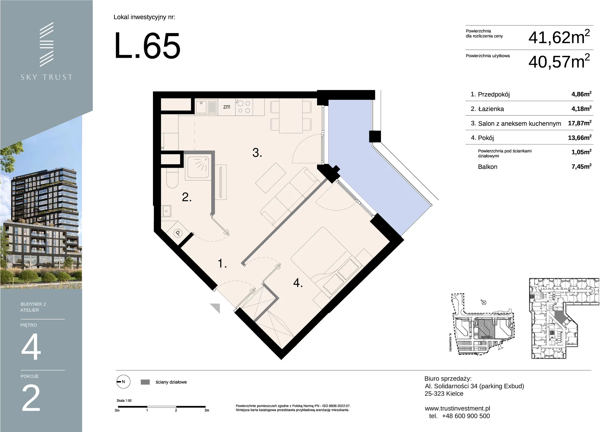 Lokal inwestycyjny 41,62 m², piętro 4, oferta nr L65, Sky Trust II - lokale inwestycyjne, Kielce, Bocianek, al. Solidarności / ul. Świętokrzyska