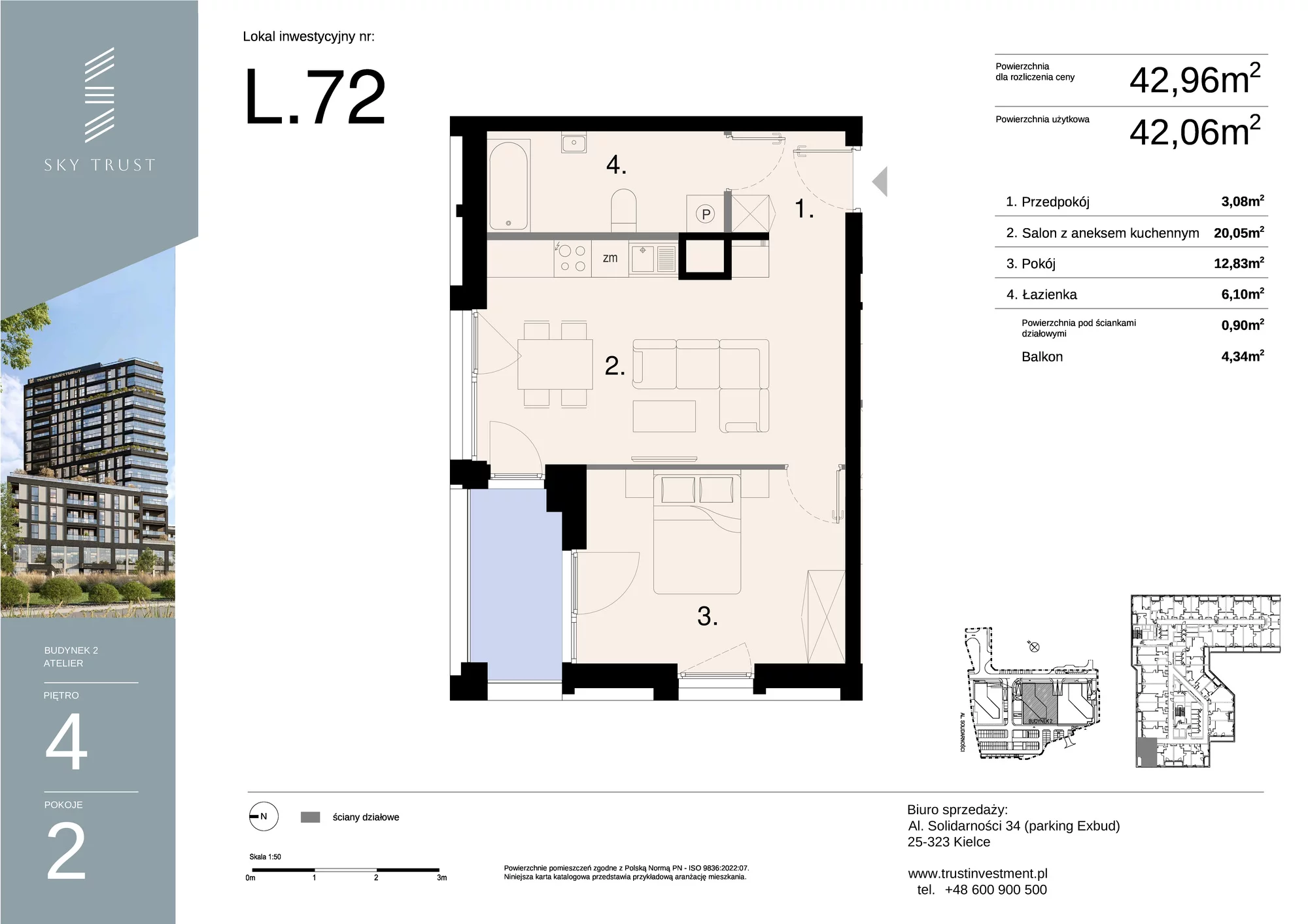 Lokal inwestycyjny 42,96 m², piętro 4, oferta nr L72, Sky Trust II - lokale inwestycyjne, Kielce, Bocianek, al. Solidarności / ul. Świętokrzyska-idx