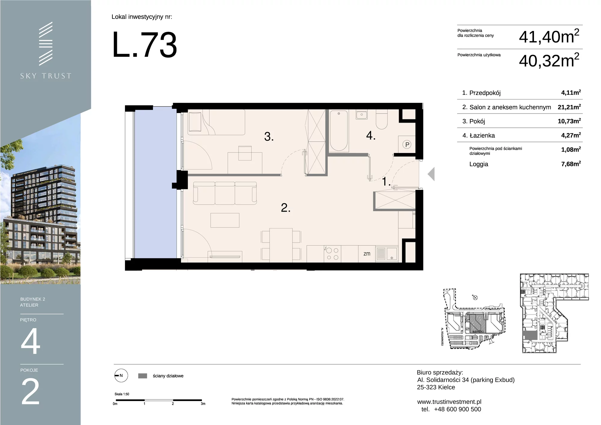 Lokal inwestycyjny 41,40 m², piętro 4, oferta nr L73, Sky Trust II - lokale inwestycyjne, Kielce, Bocianek, al. Solidarności / ul. Świętokrzyska