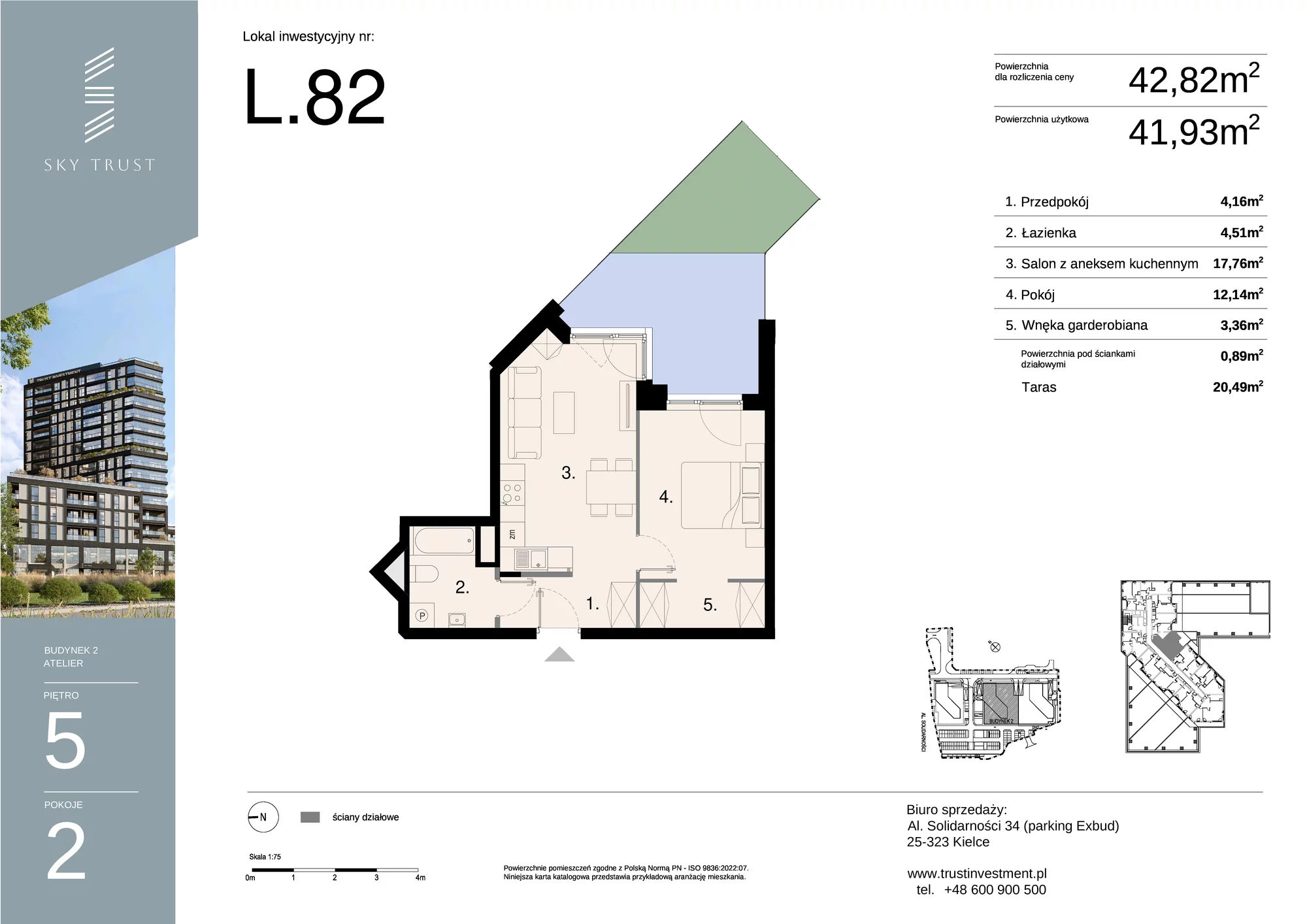 Lokal inwestycyjny 42,82 m², piętro 5, oferta nr L82, Sky Trust II - lokale inwestycyjne, Kielce, Bocianek, al. Solidarności / ul. Świętokrzyska