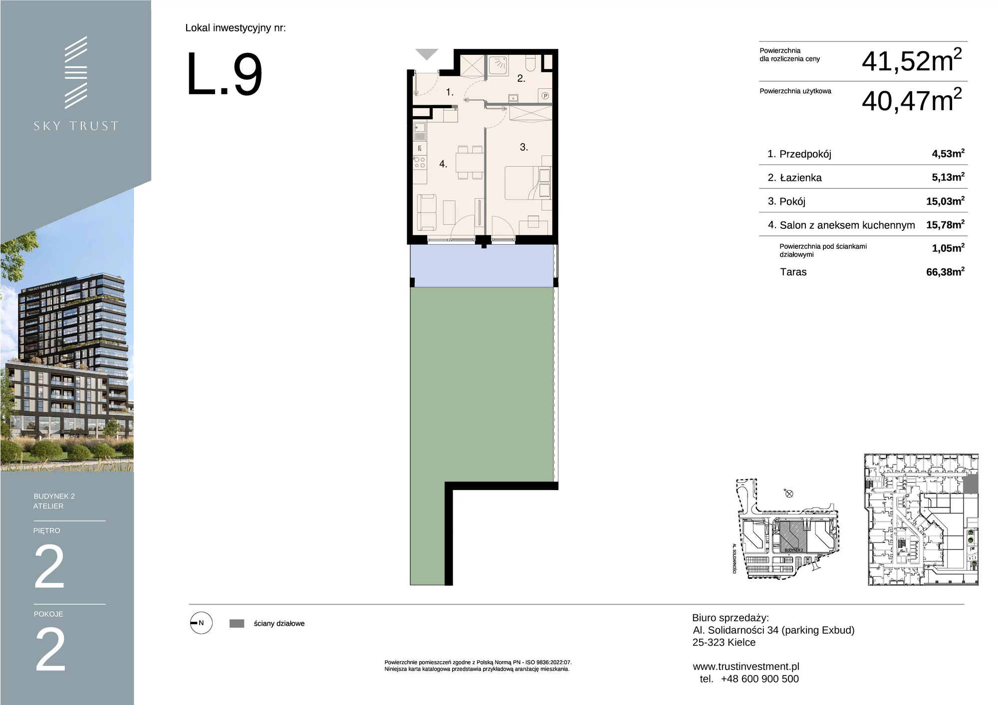 Lokal inwestycyjny 41,52 m², piętro 2, oferta nr L9, Sky Trust II - lokale inwestycyjne, Kielce, Bocianek, al. Solidarności / ul. Świętokrzyska