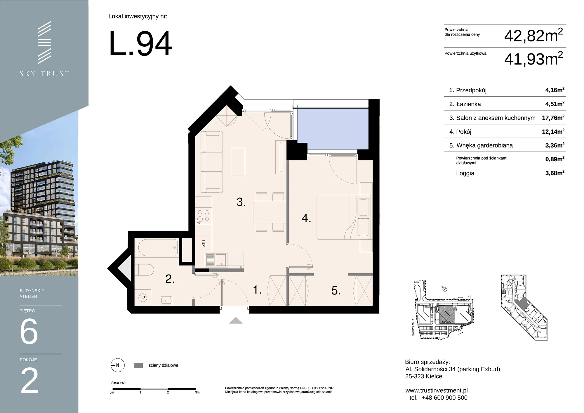 Lokal inwestycyjny 42,82 m², piętro 6, oferta nr L94, Sky Trust II - lokale inwestycyjne, Kielce, Bocianek, al. Solidarności / ul. Świętokrzyska