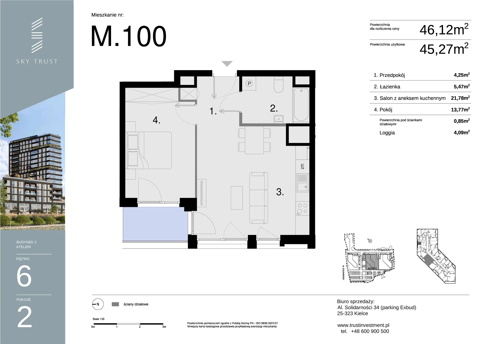 Mieszkanie 46,12 m², piętro 6, oferta nr M100, Sky Trust II , Kielce, Bocianek, al. Solidarności / ul. Świętokrzyska