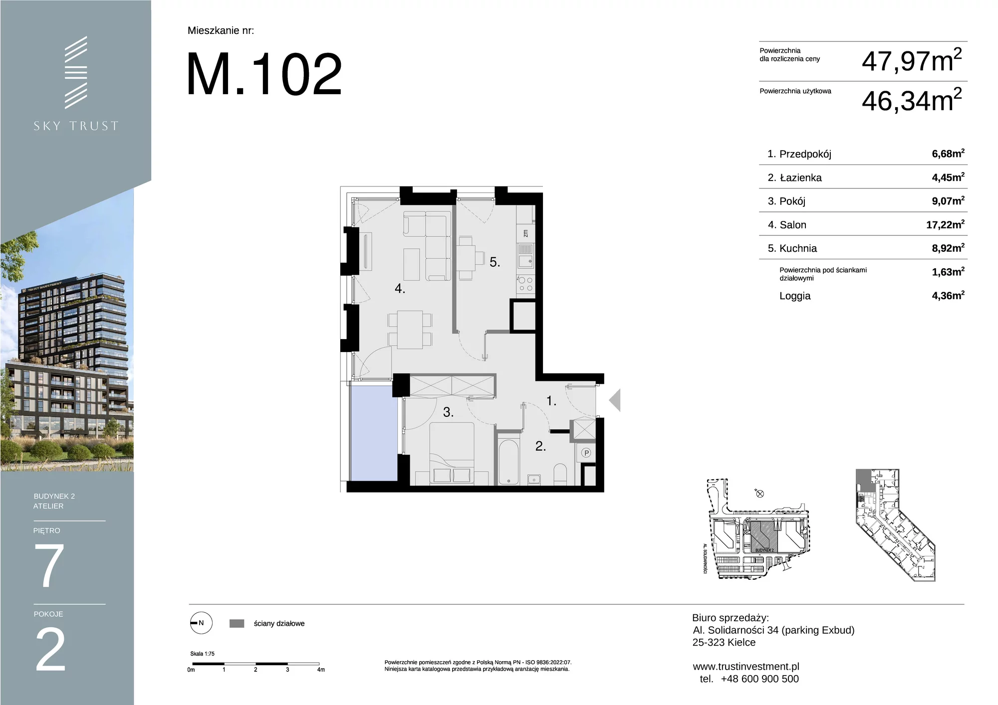 Mieszkanie 47,97 m², piętro 7, oferta nr M102, Sky Trust II , Kielce, Bocianek, al. Solidarności / ul. Świętokrzyska