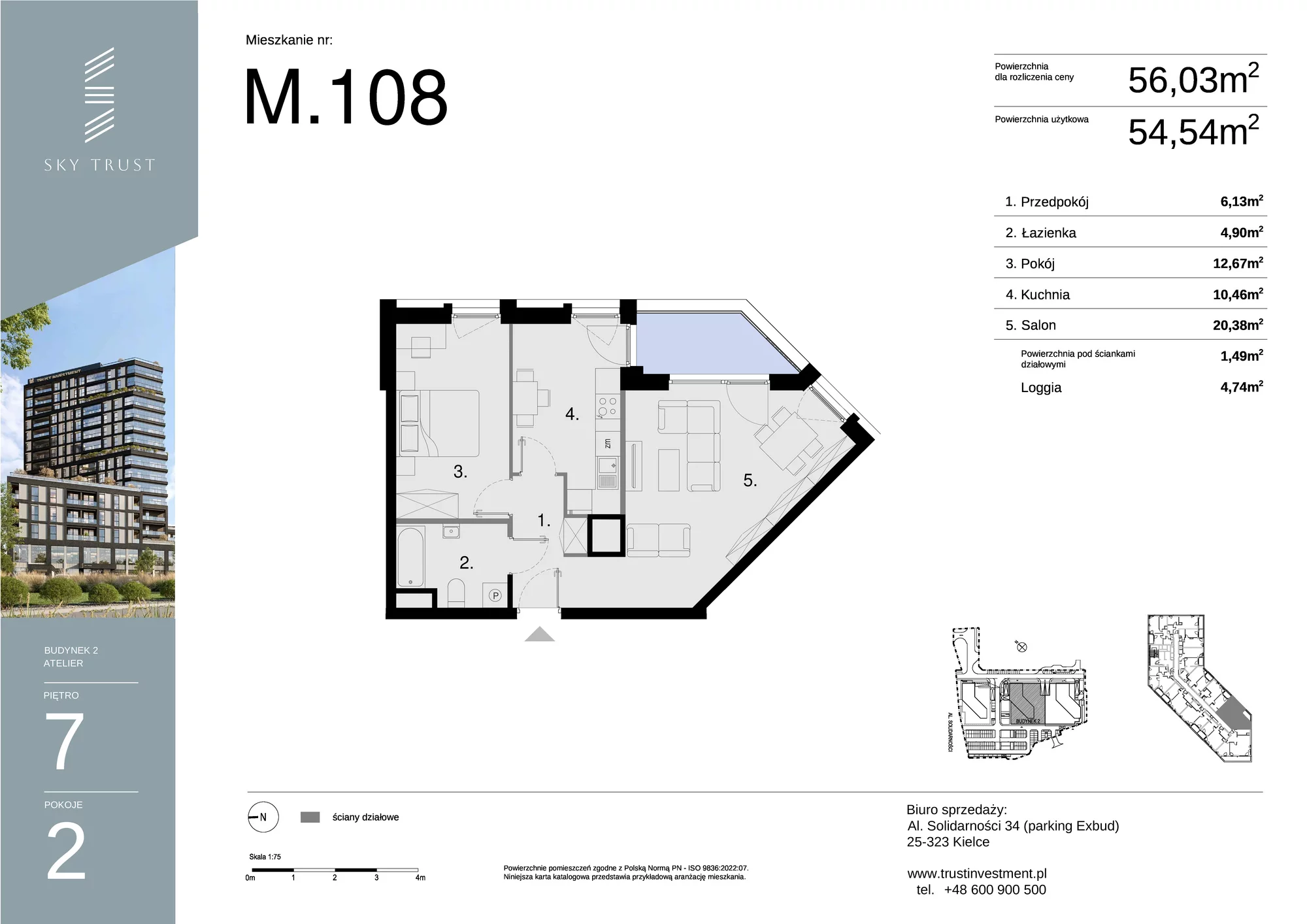 Mieszkanie 56,03 m², piętro 7, oferta nr M108, Sky Trust II , Kielce, Bocianek, al. Solidarności / ul. Świętokrzyska-idx