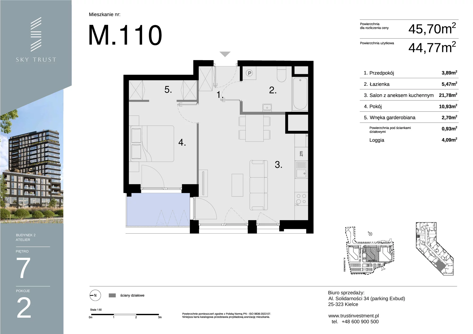 Mieszkanie 45,70 m², piętro 7, oferta nr M110, Sky Trust II , Kielce, Bocianek, al. Solidarności / ul. Świętokrzyska