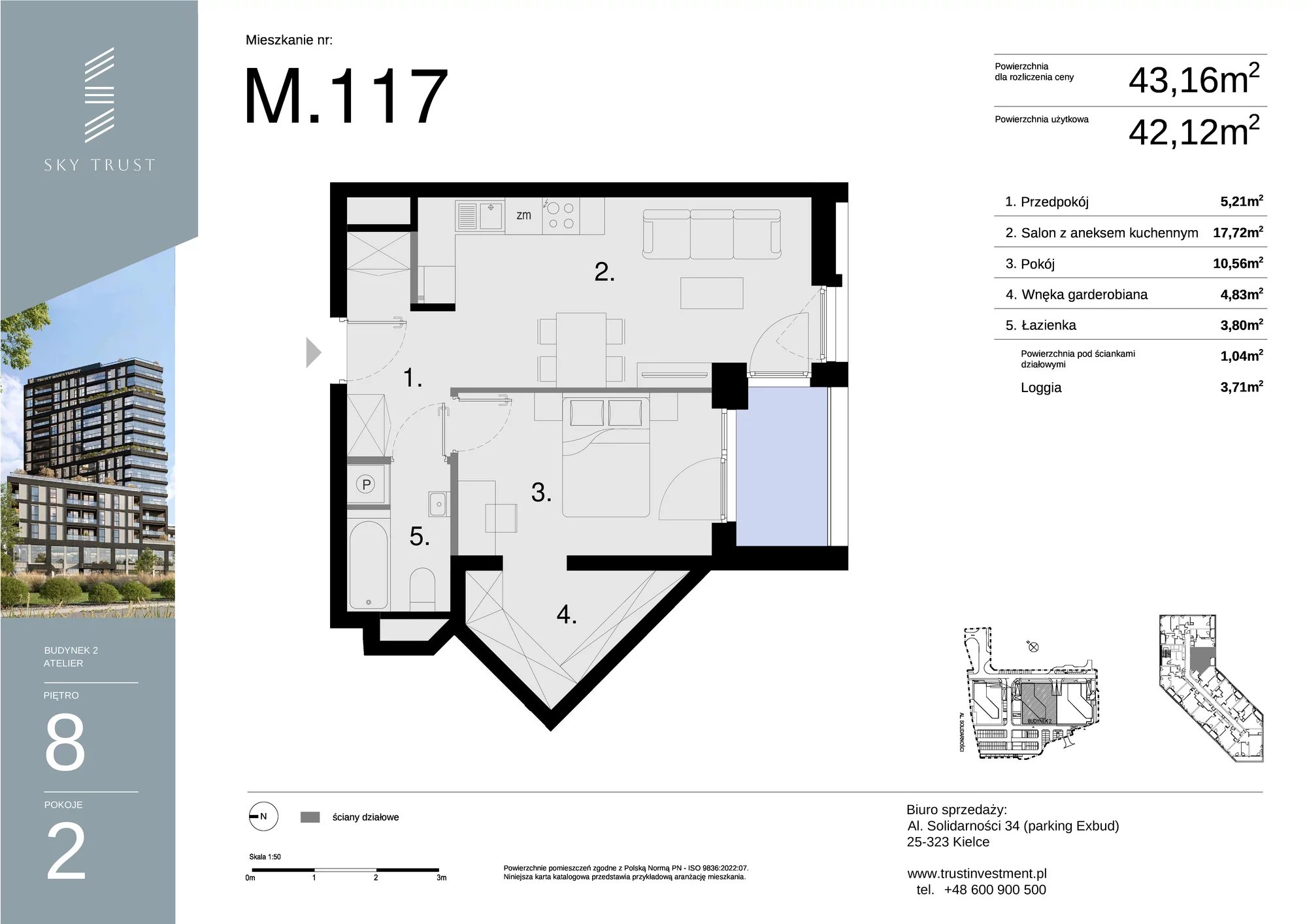 Mieszkanie 43,16 m², piętro 8, oferta nr M117, Sky Trust II , Kielce, Bocianek, al. Solidarności / ul. Świętokrzyska