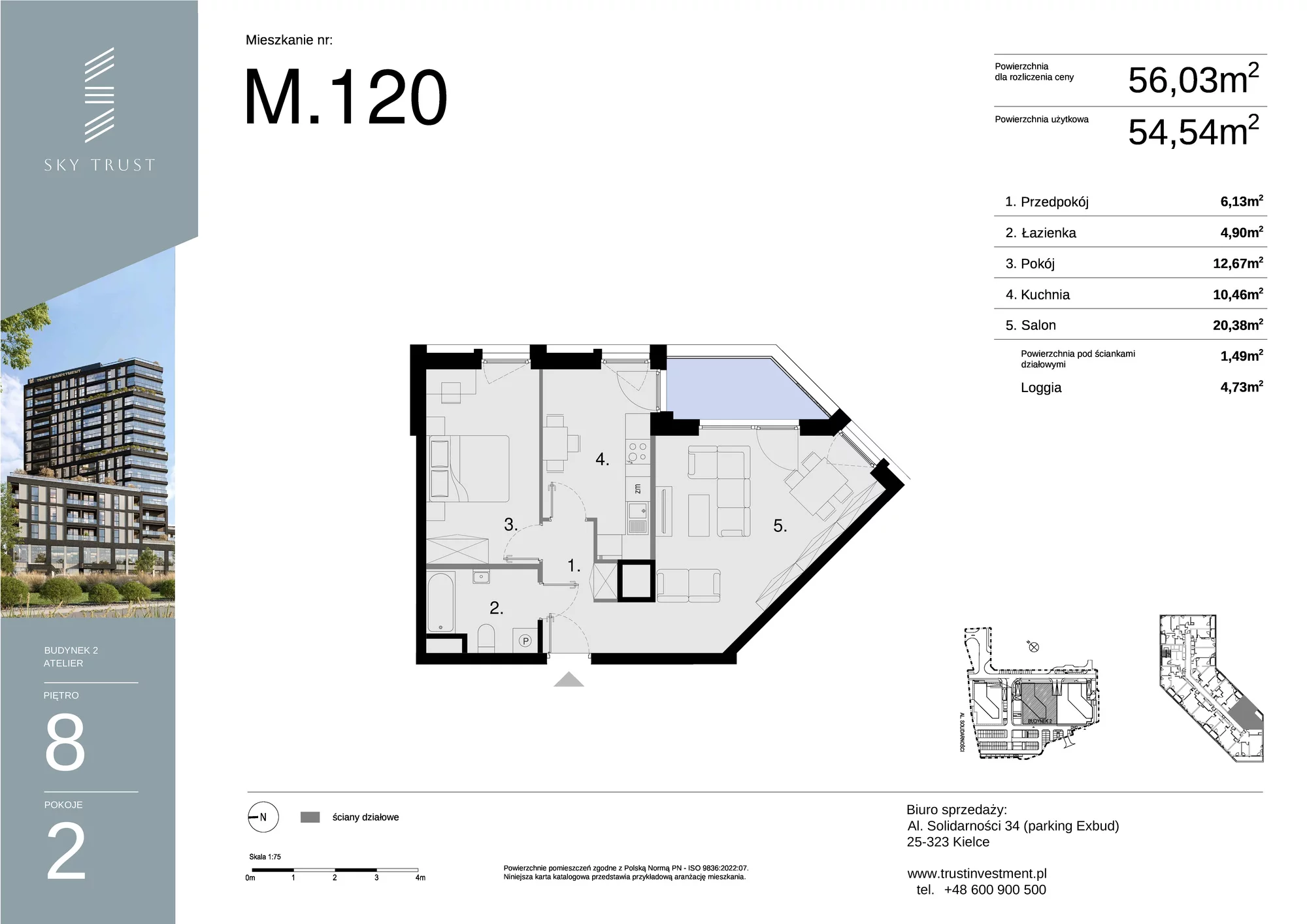 Mieszkanie 56,03 m², piętro 8, oferta nr M120, Sky Trust II , Kielce, Bocianek, al. Solidarności / ul. Świętokrzyska