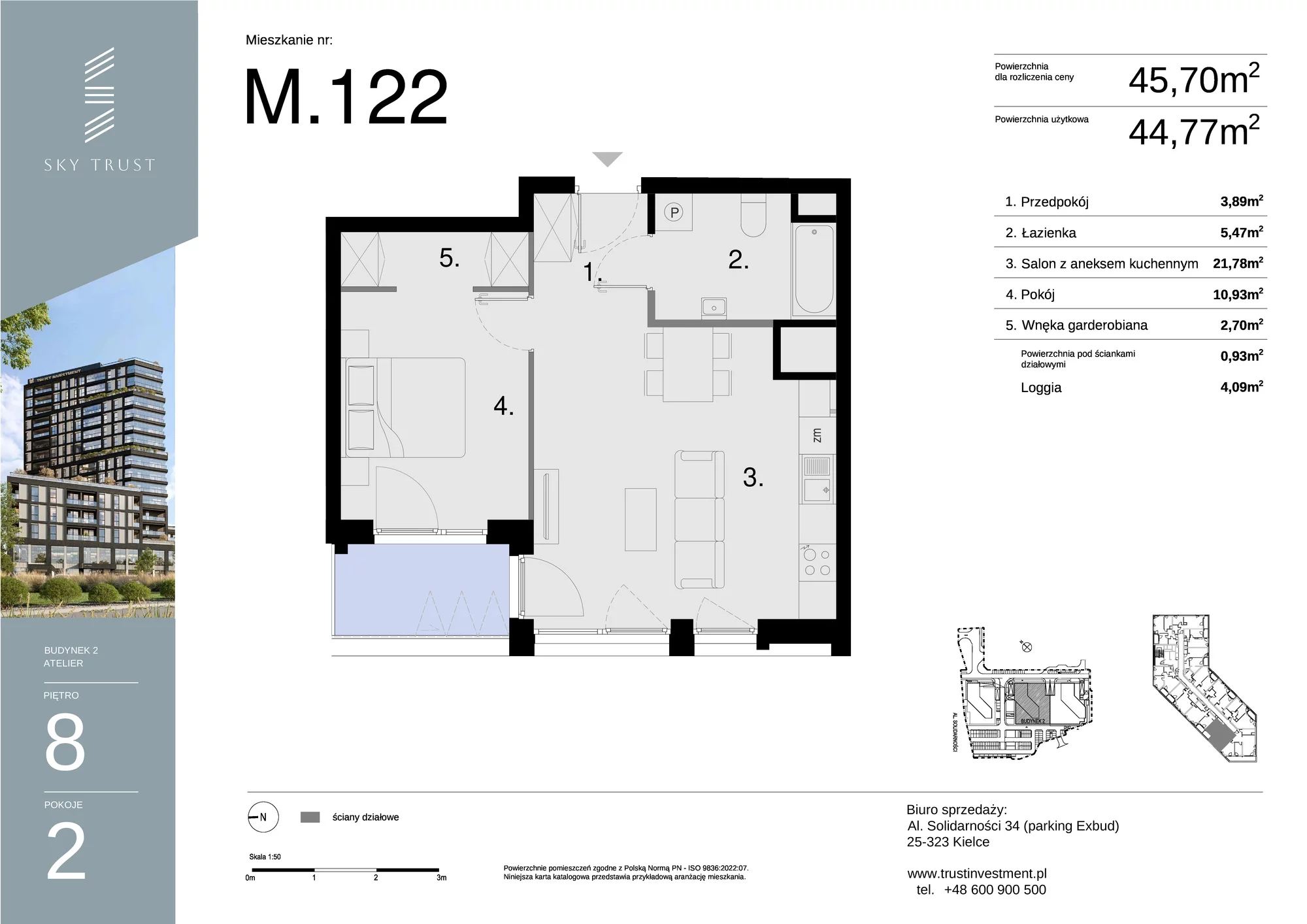 Mieszkanie 45,70 m², piętro 8, oferta nr M122, Sky Trust II , Kielce, Bocianek, al. Solidarności / ul. Świętokrzyska