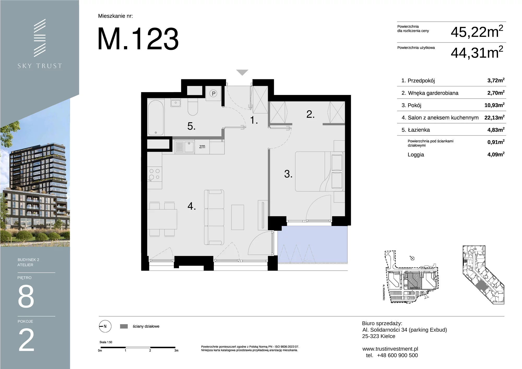 Mieszkanie 45,22 m², piętro 8, oferta nr M123, Sky Trust II , Kielce, Bocianek, al. Solidarności / ul. Świętokrzyska