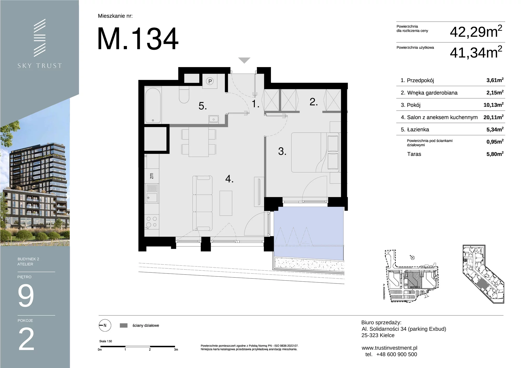 Mieszkanie 42,29 m², piętro 9, oferta nr M134, Sky Trust II , Kielce, Bocianek, al. Solidarności / ul. Świętokrzyska