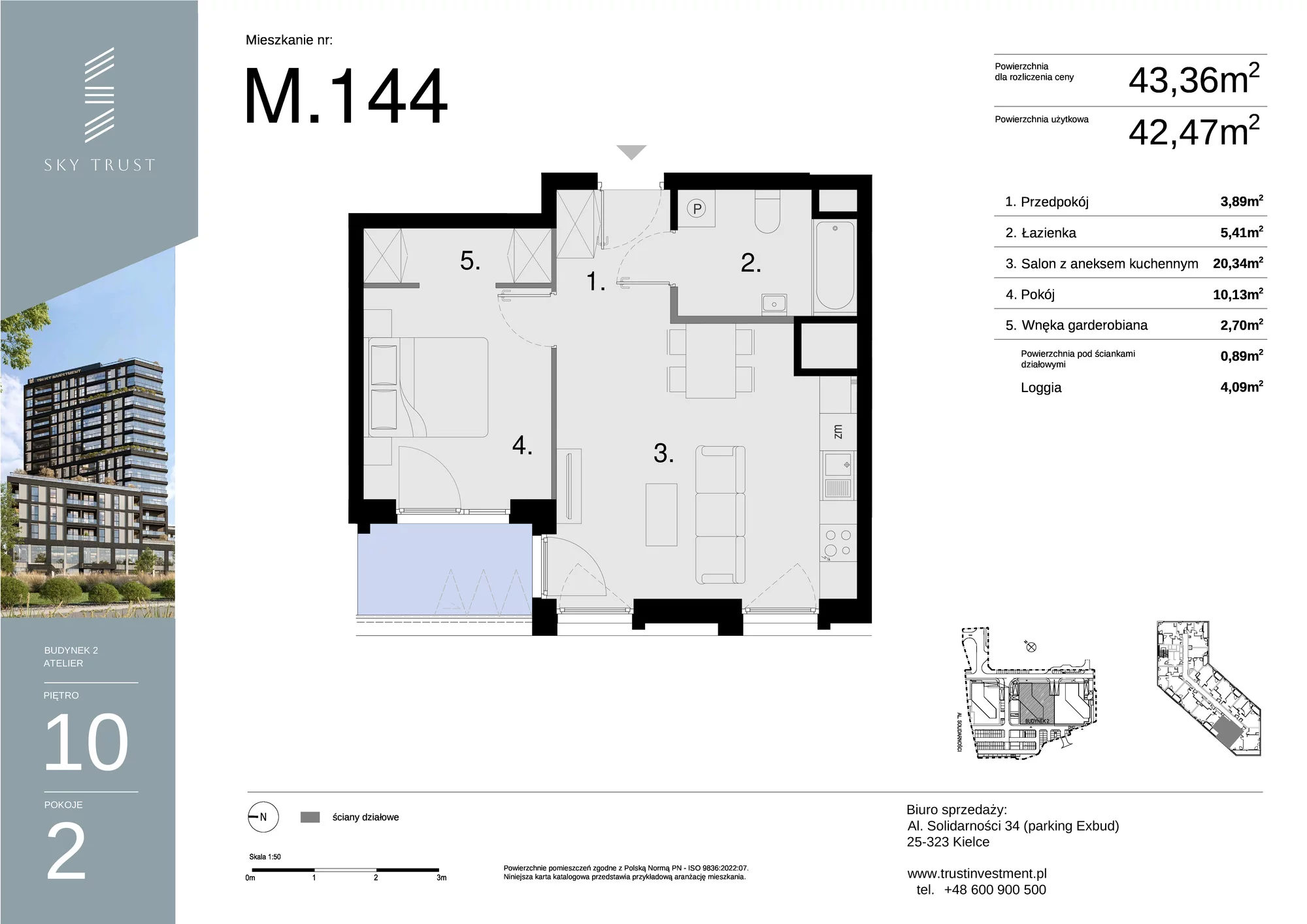 Mieszkanie 43,36 m², piętro 10, oferta nr M144, Sky Trust II , Kielce, Bocianek, al. Solidarności / ul. Świętokrzyska