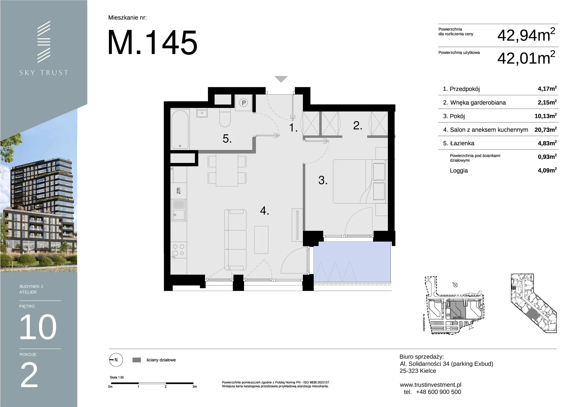 Mieszkanie 42,94 m², piętro 10, oferta nr M145, Sky Trust II , Kielce, Bocianek, al. Solidarności / ul. Świętokrzyska