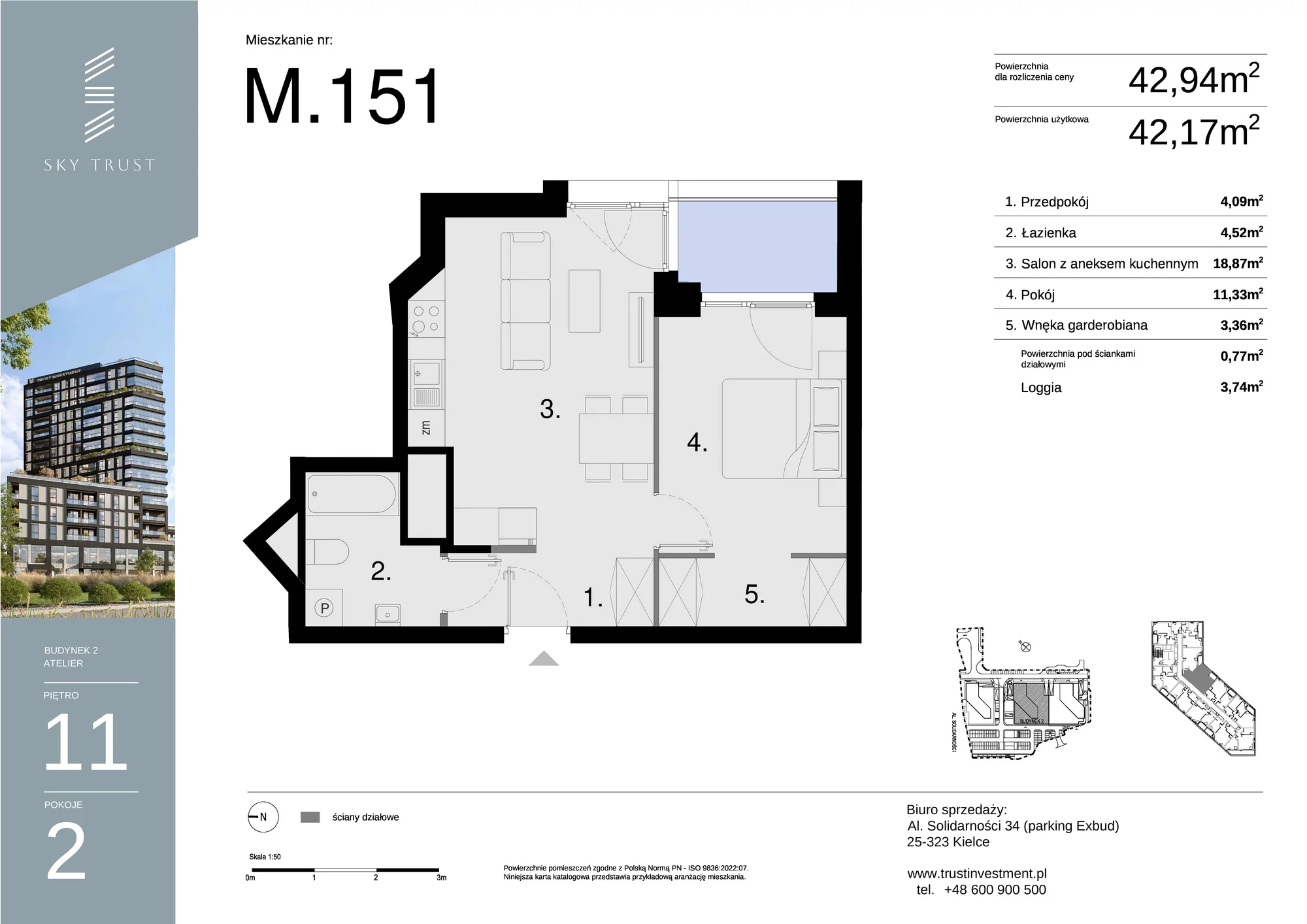 Mieszkanie 42,94 m², piętro 11, oferta nr M151, Sky Trust II , Kielce, Bocianek, al. Solidarności / ul. Świętokrzyska