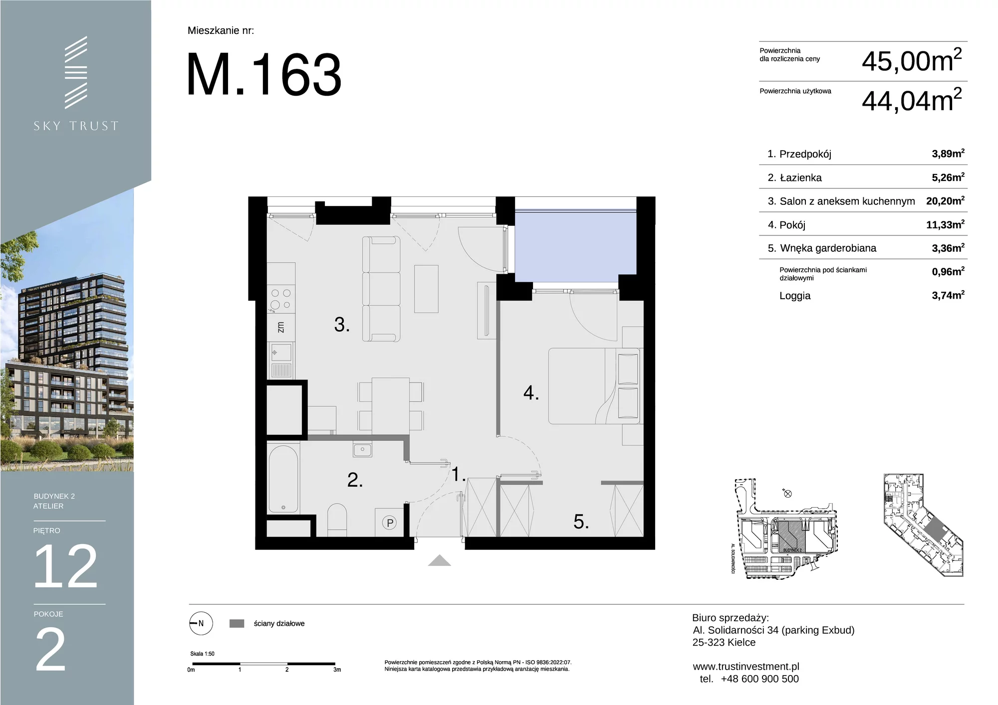 Mieszkanie 45,00 m², piętro 12, oferta nr M163, Sky Trust II , Kielce, Bocianek, al. Solidarności / ul. Świętokrzyska