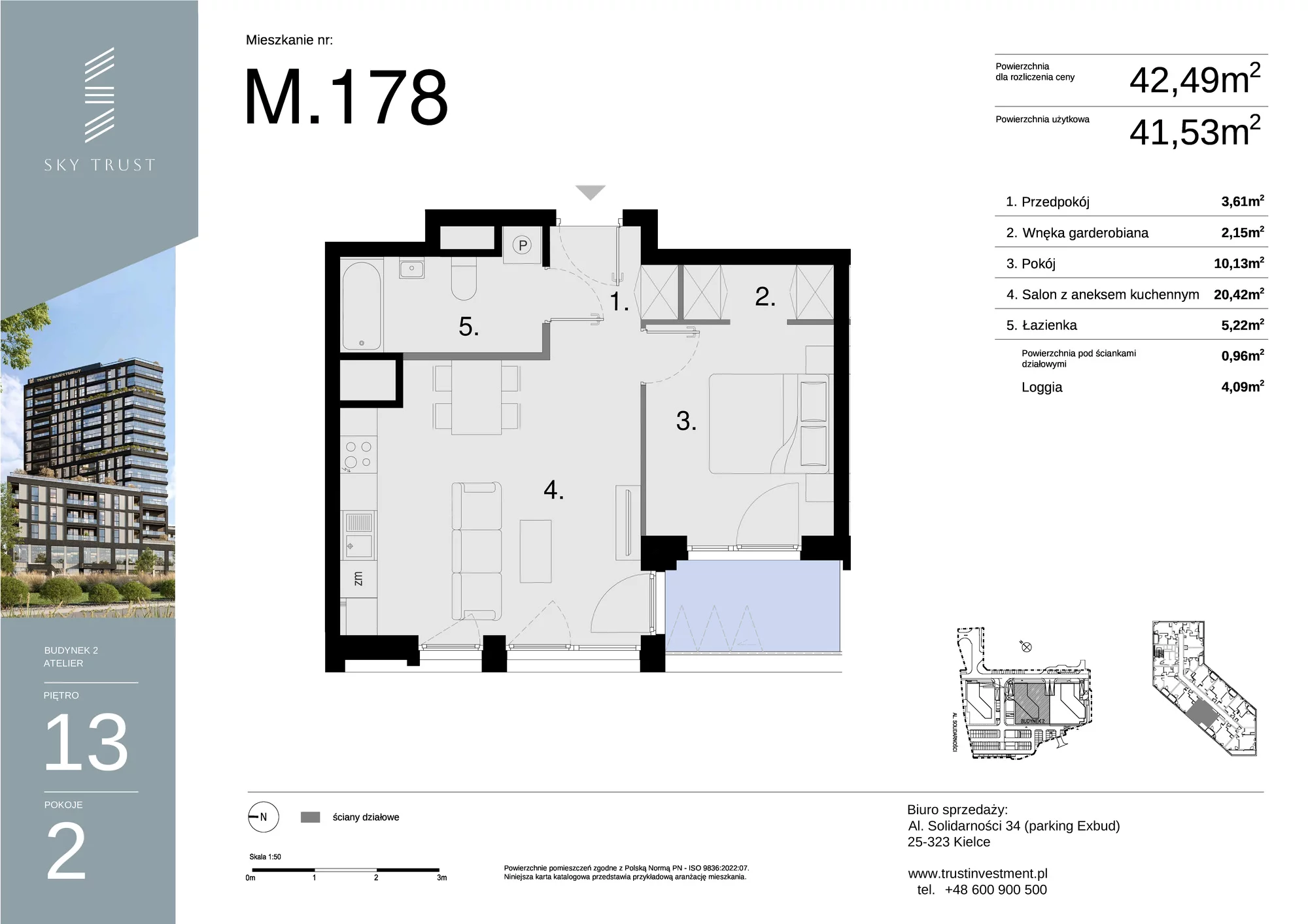 Mieszkanie 42,49 m², piętro 13, oferta nr M178, Sky Trust II , Kielce, Bocianek, al. Solidarności / ul. Świętokrzyska