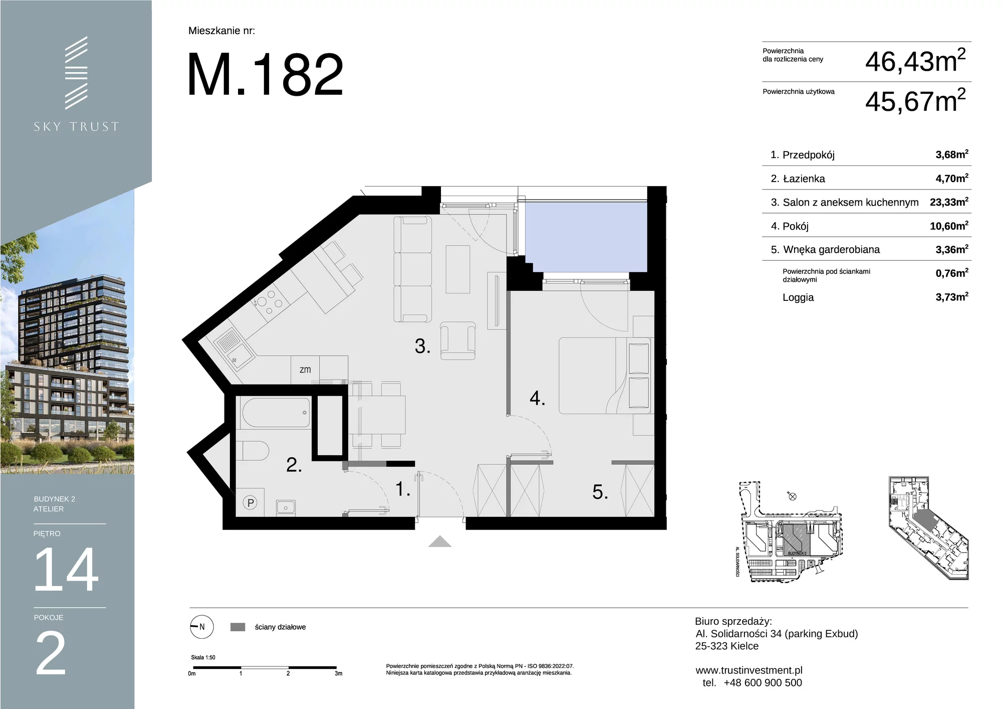 Mieszkanie 46,43 m², piętro 14, oferta nr M182, Sky Trust II , Kielce, Bocianek, al. Solidarności / ul. Świętokrzyska