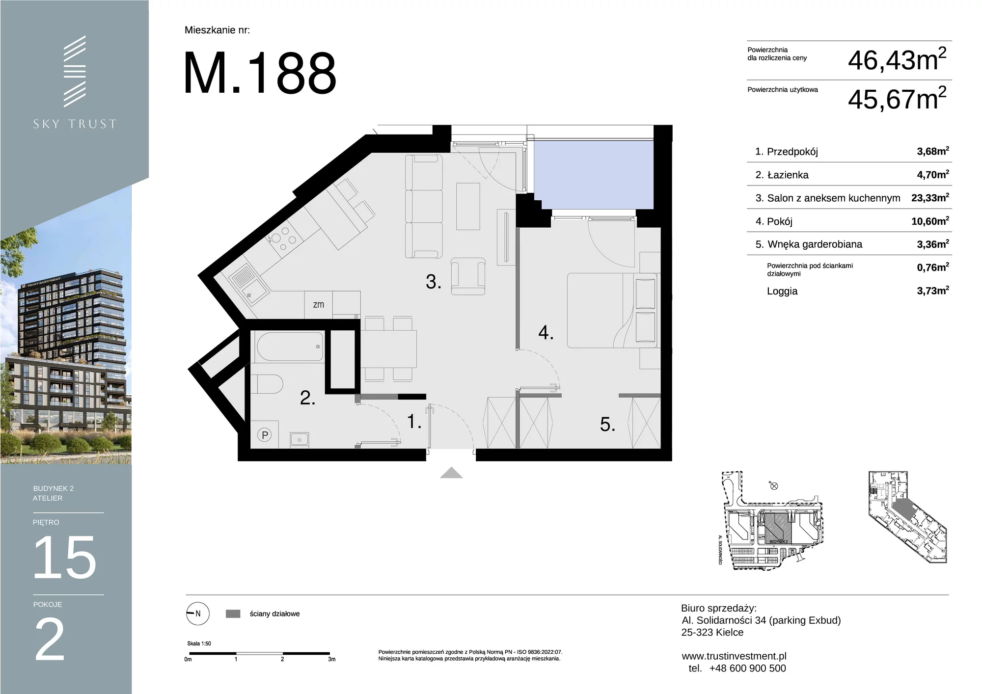 Mieszkanie 46,43 m², piętro 15, oferta nr M188, Sky Trust II , Kielce, Bocianek, al. Solidarności / ul. Świętokrzyska