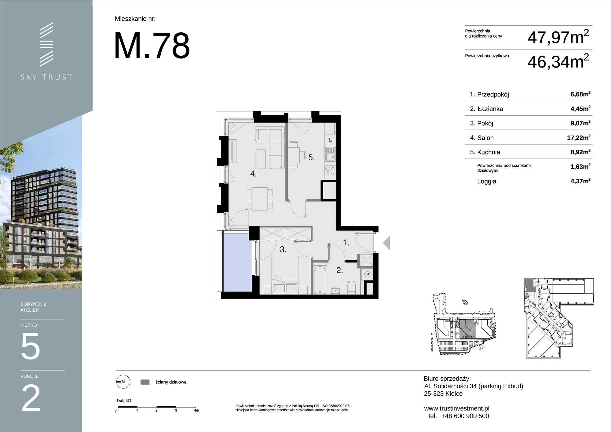 Mieszkanie 47,97 m², piętro 5, oferta nr M78, Sky Trust II , Kielce, Bocianek, al. Solidarności / ul. Świętokrzyska