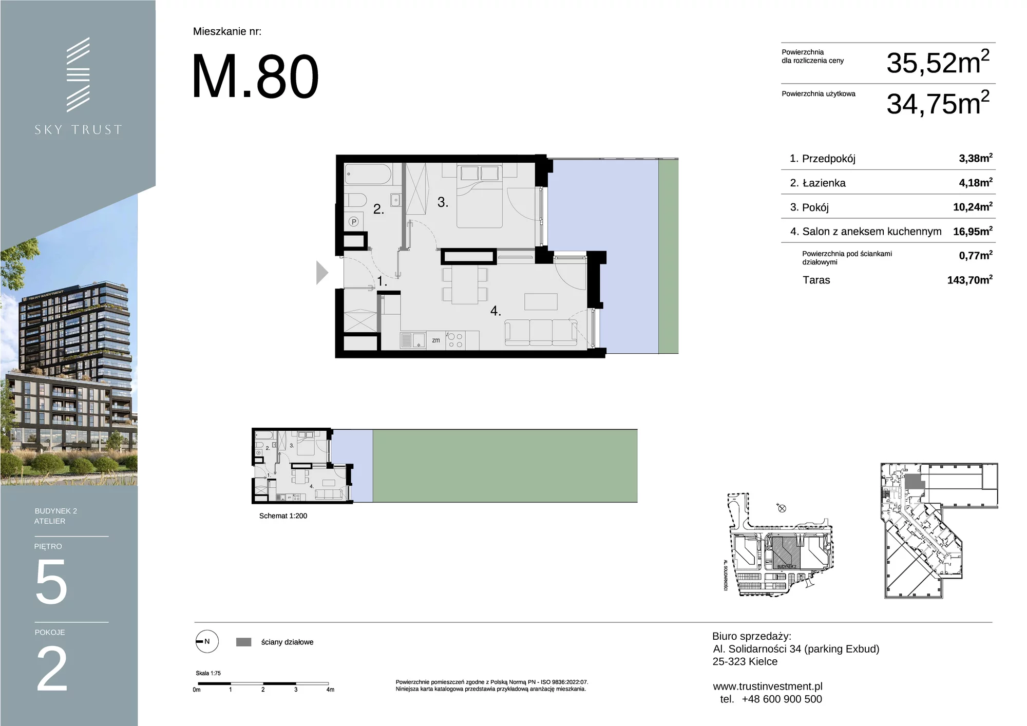 Mieszkanie 35,52 m², piętro 5, oferta nr M80, Sky Trust II , Kielce, Bocianek, al. Solidarności / ul. Świętokrzyska