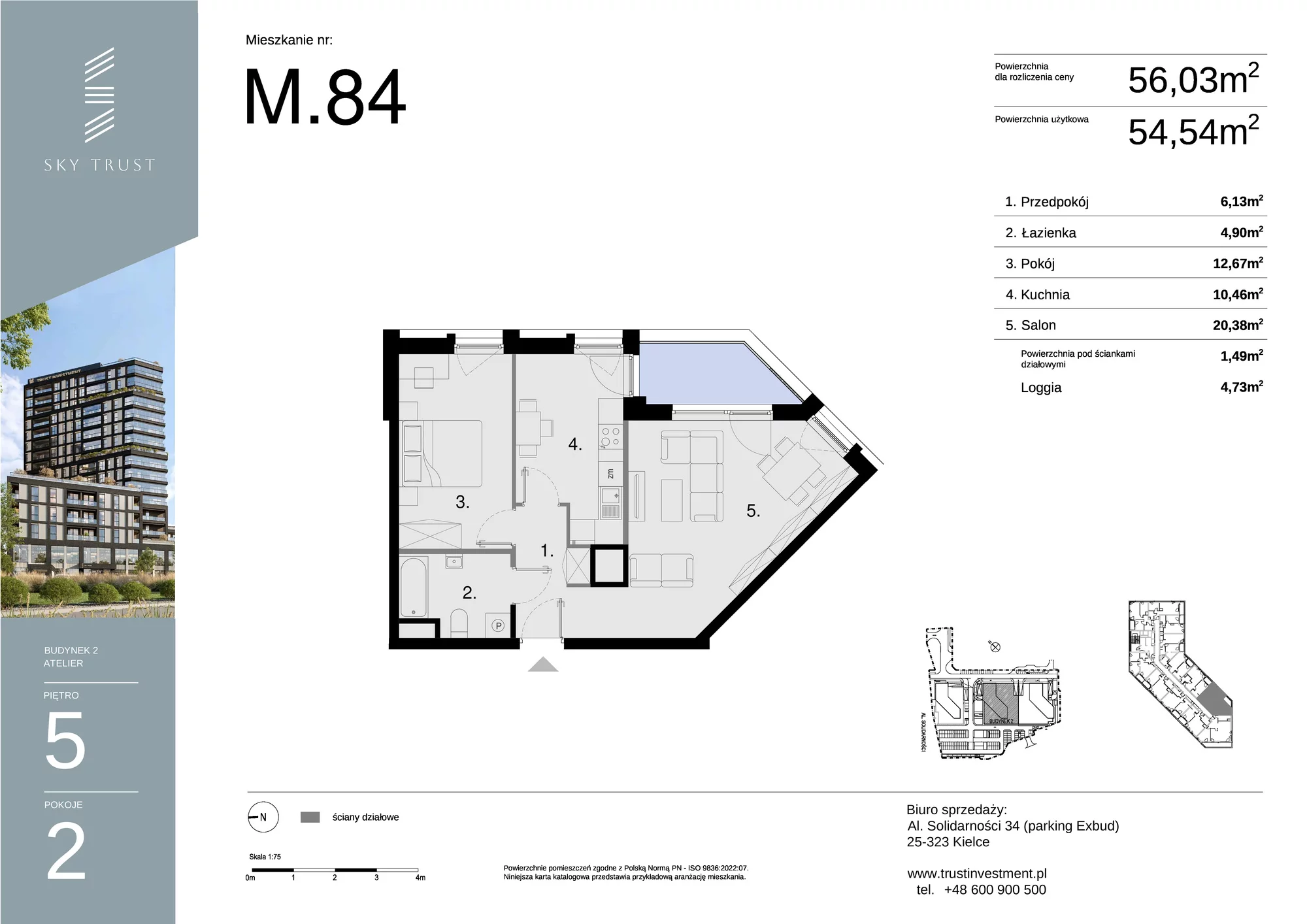 Mieszkanie 56,03 m², piętro 5, oferta nr M84, Sky Trust II , Kielce, Bocianek, al. Solidarności / ul. Świętokrzyska