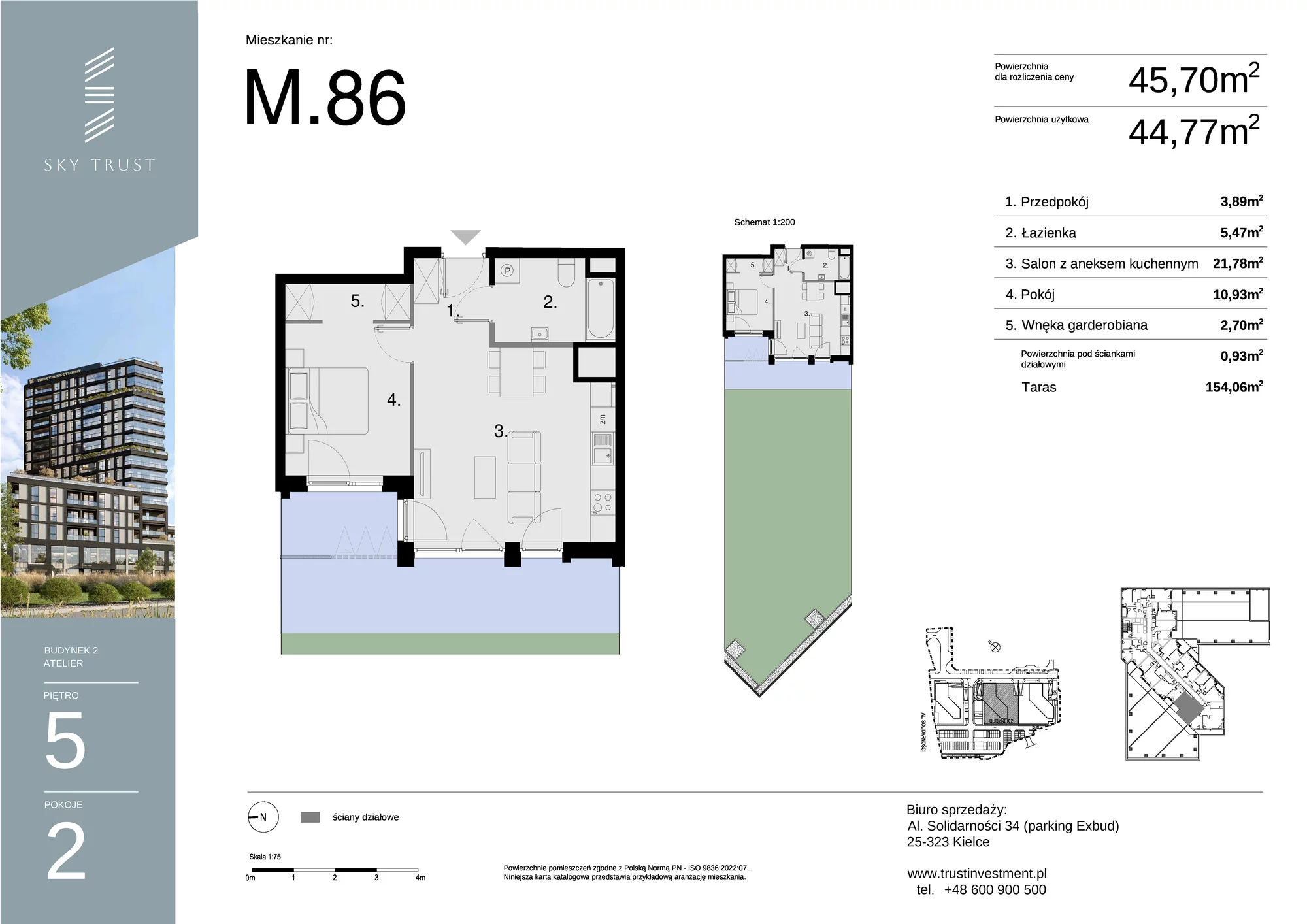 Mieszkanie 45,70 m², piętro 5, oferta nr M86, Sky Trust II , Kielce, Bocianek, al. Solidarności / ul. Świętokrzyska