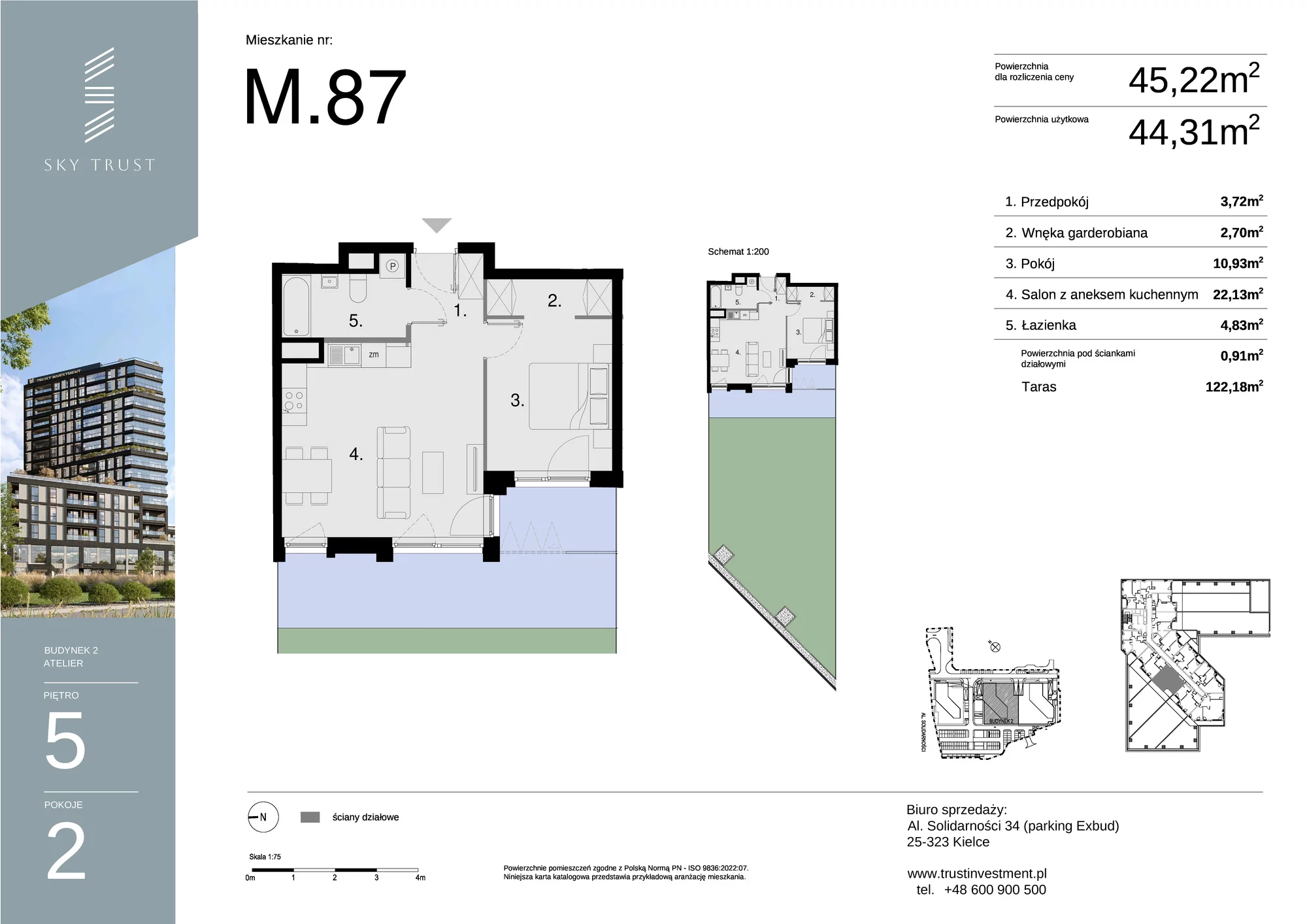 Mieszkanie 45,22 m², piętro 5, oferta nr M87, Sky Trust II , Kielce, Bocianek, al. Solidarności / ul. Świętokrzyska